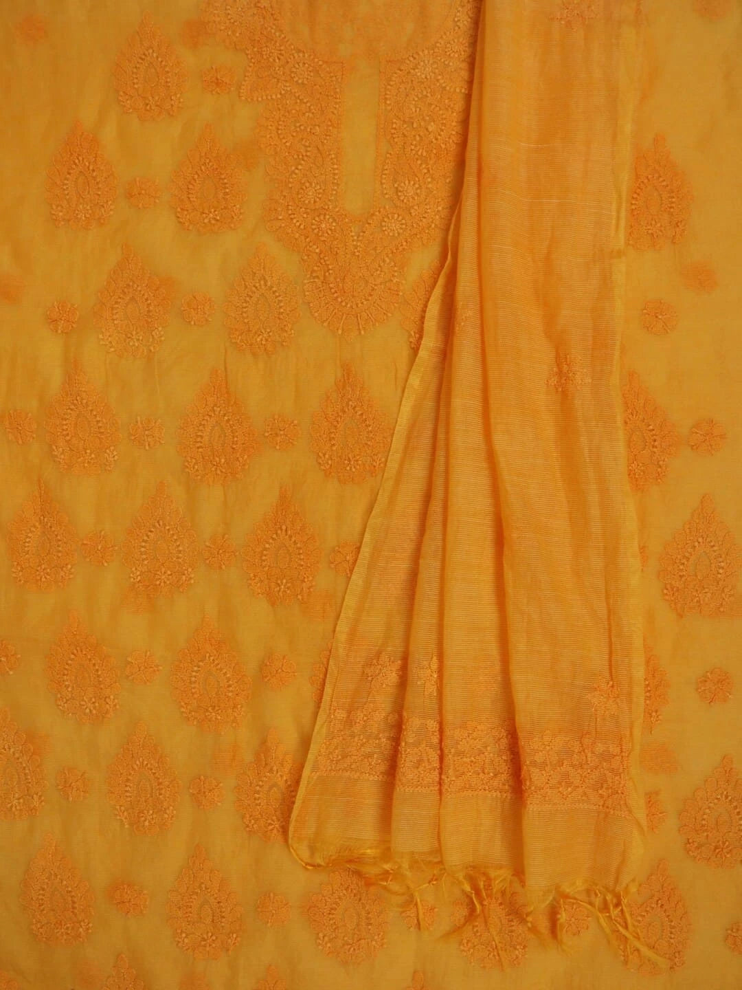 Ada Hand Embroidered Mustard Super Net Lucknowi Chikankari Unstitched Kurta Dupatta Set 01A261731