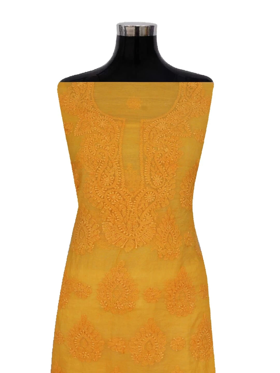 Ada Hand Embroidered Mustard Super Net Lucknowi Chikankari Unstitched Kurta Dupatta Set 01A261731