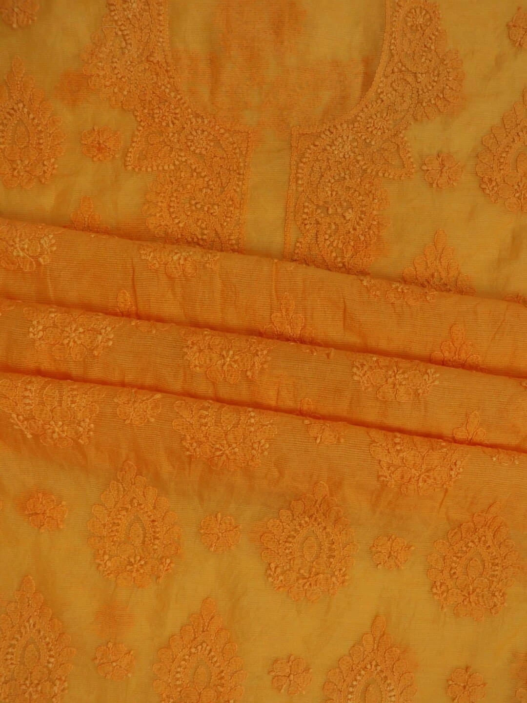 Ada Hand Embroidered Mustard Super Net Lucknowi Chikankari Unstitched Kurta Dupatta Set 01A261731