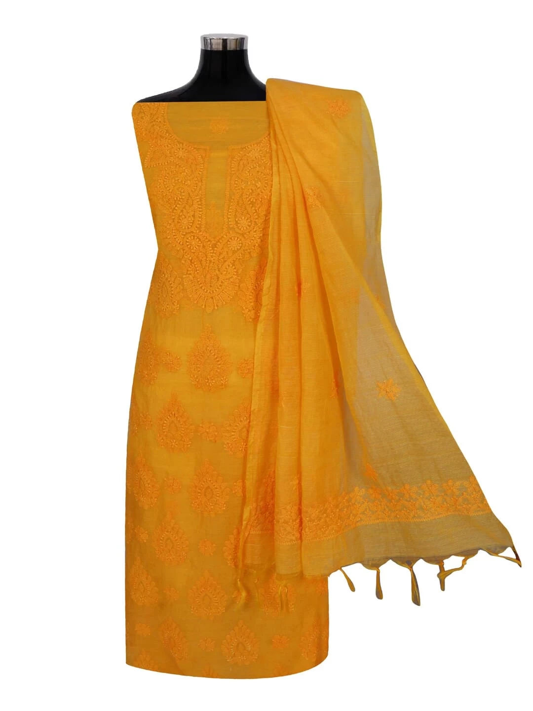 Ada Hand Embroidered Mustard Super Net Lucknowi Chikankari Unstitched Kurta Dupatta Set 01A261731