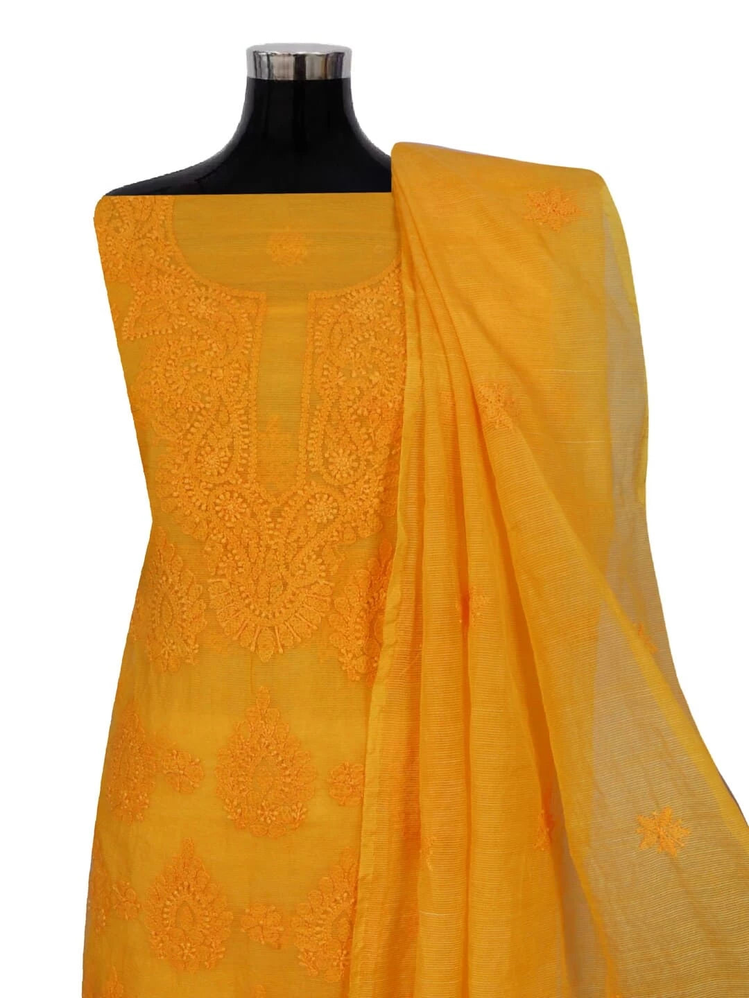 Ada Hand Embroidered Mustard Super Net Lucknowi Chikankari Unstitched Kurta Dupatta Set 01A261731