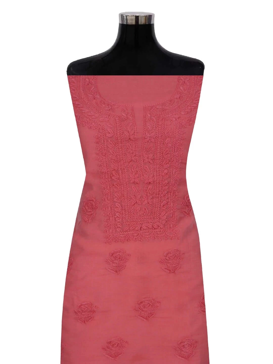 Ada Hand Embroidered Carrot Pink Chanderi Lucknowi Chikankari Unstitched Kurta Dupatta Set 01A237350