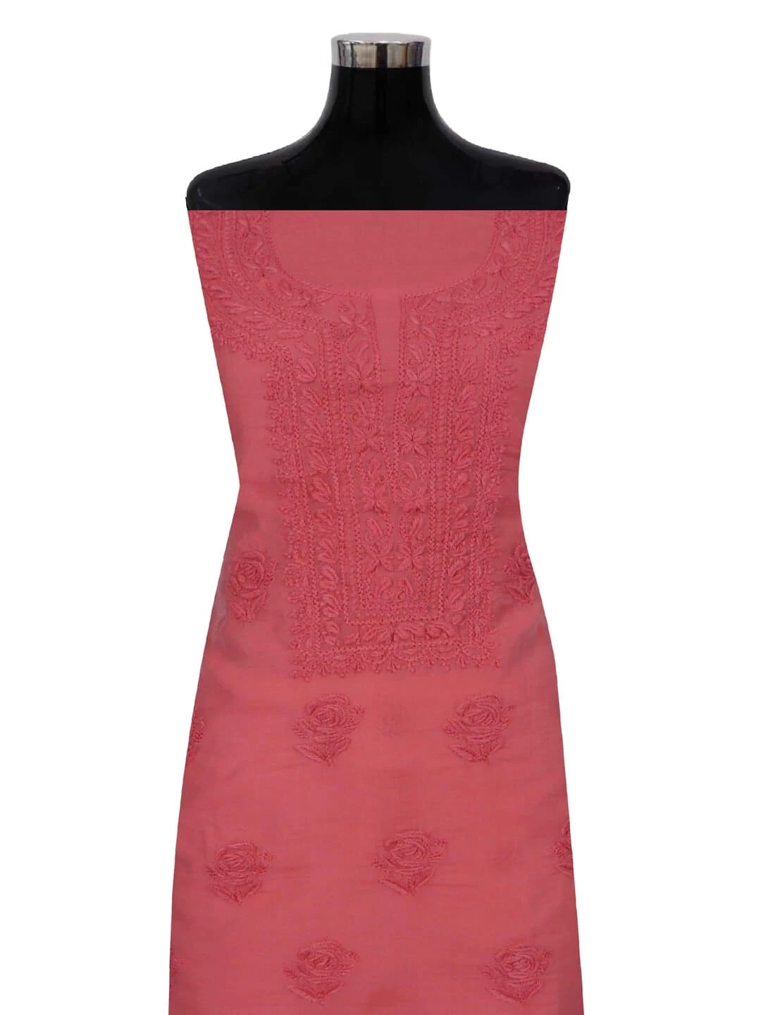 Ada Hand Embroidered Carrot Pink Chanderi Lucknowi Chikankari Unstitched Kurta Dupatta Set 01A237350