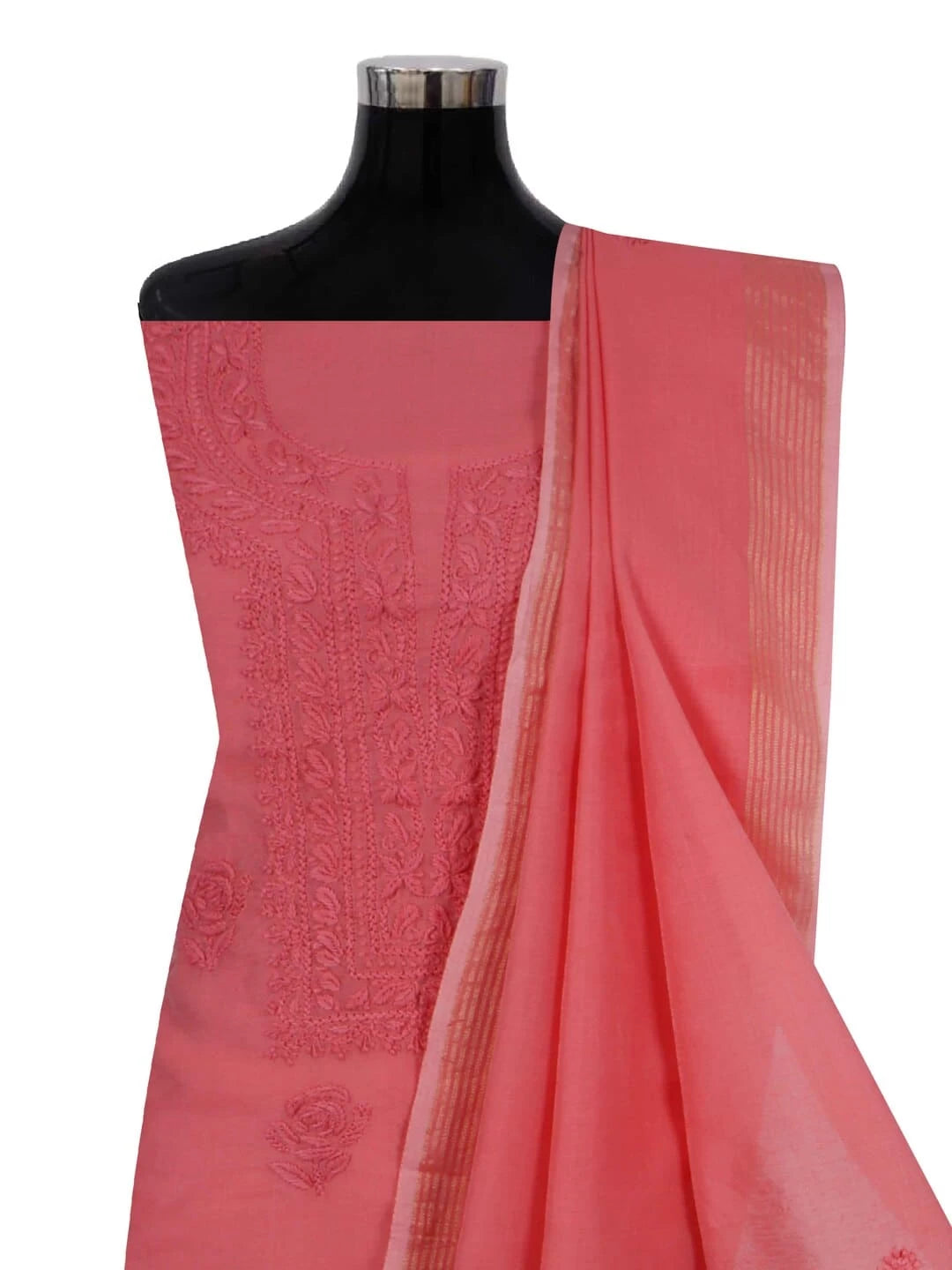 Ada Hand Embroidered Carrot Pink Chanderi Lucknowi Chikankari Unstitched Kurta Dupatta Set 01A237350