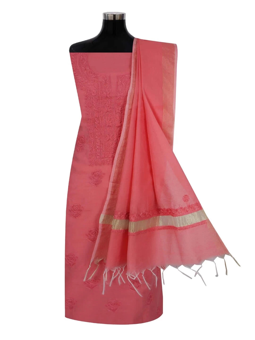 Ada Hand Embroidered Carrot Pink Chanderi Lucknowi Chikankari Unstitched Kurta Dupatta Set 01A237350