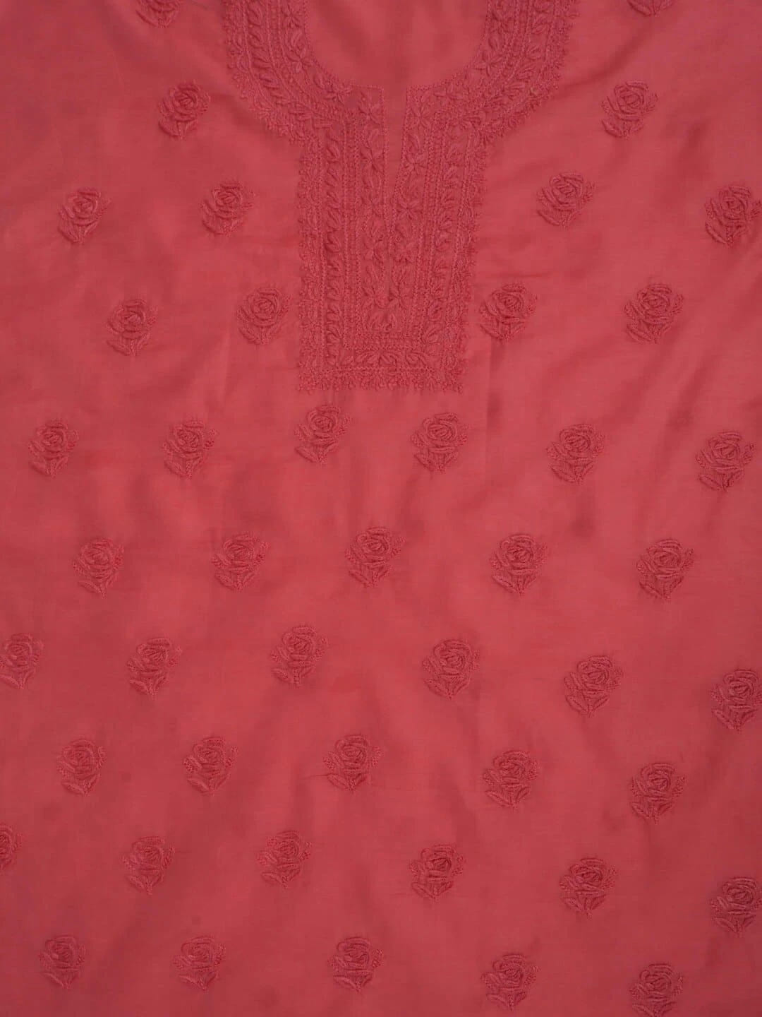 Ada Hand Embroidered Carrot Pink Chanderi Lucknowi Chikankari Unstitched Kurta Dupatta Set 01A237350
