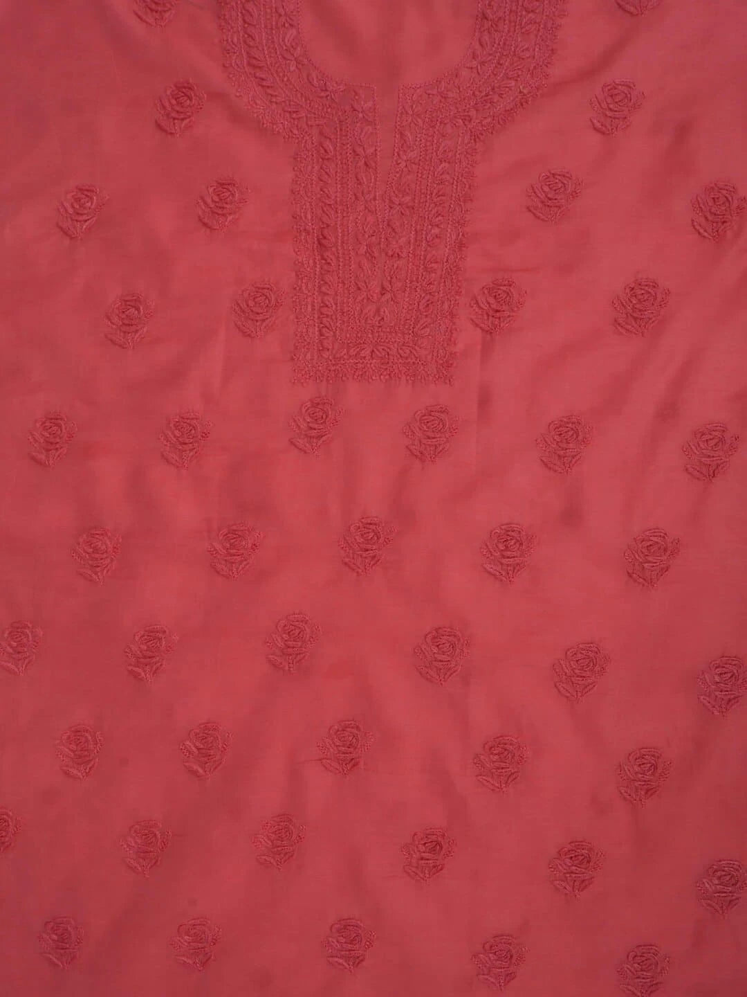 Ada Hand Embroidered Carrot Pink Chanderi Lucknowi Chikankari Unstitched Kurta Dupatta Set 01A237350