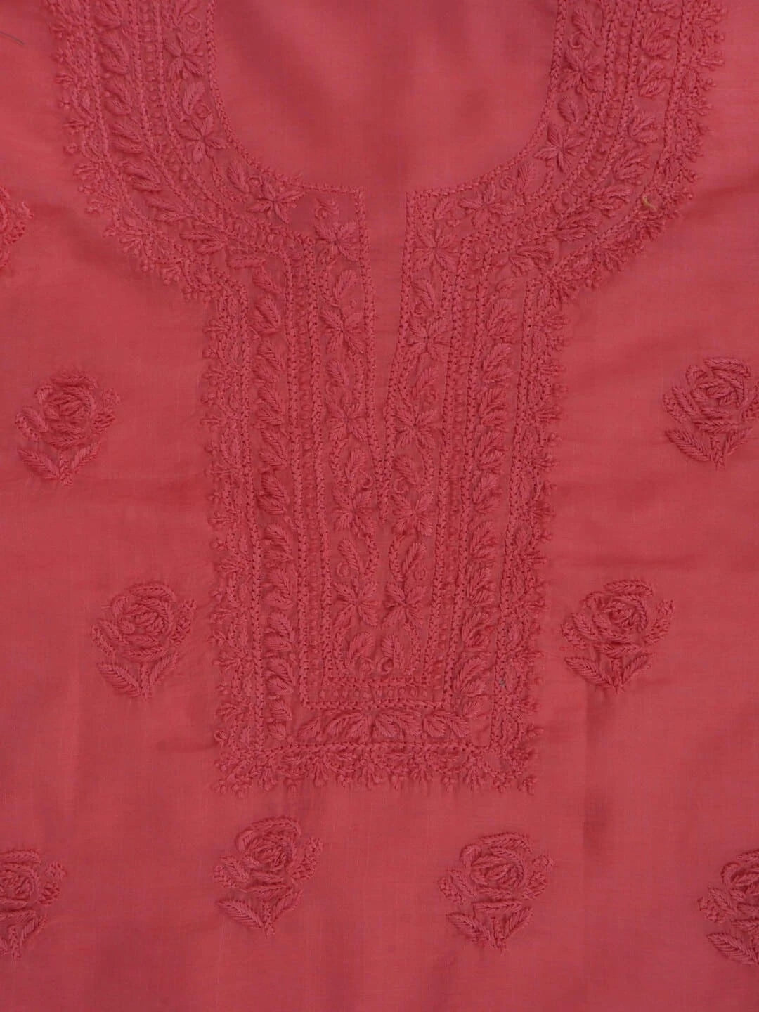 Ada Hand Embroidered Carrot Pink Chanderi Lucknowi Chikankari Unstitched Kurta Dupatta Set 01A237350