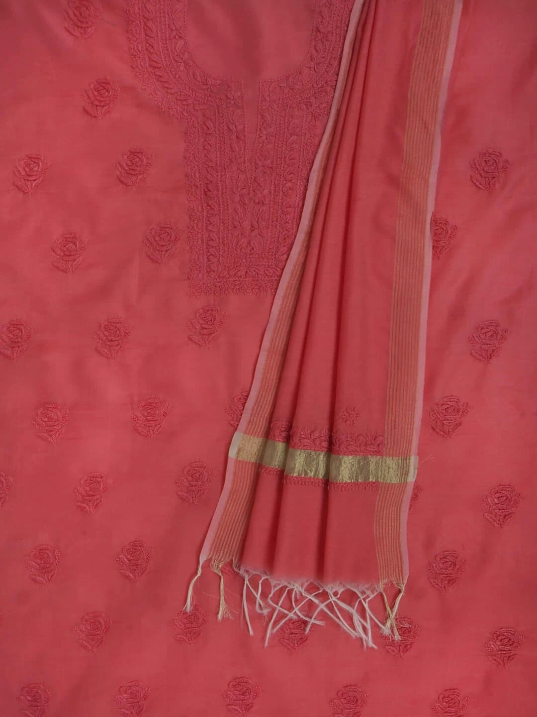 Ada Hand Embroidered Carrot Pink Chanderi Lucknowi Chikankari Unstitched Kurta Dupatta Set 01A237350
