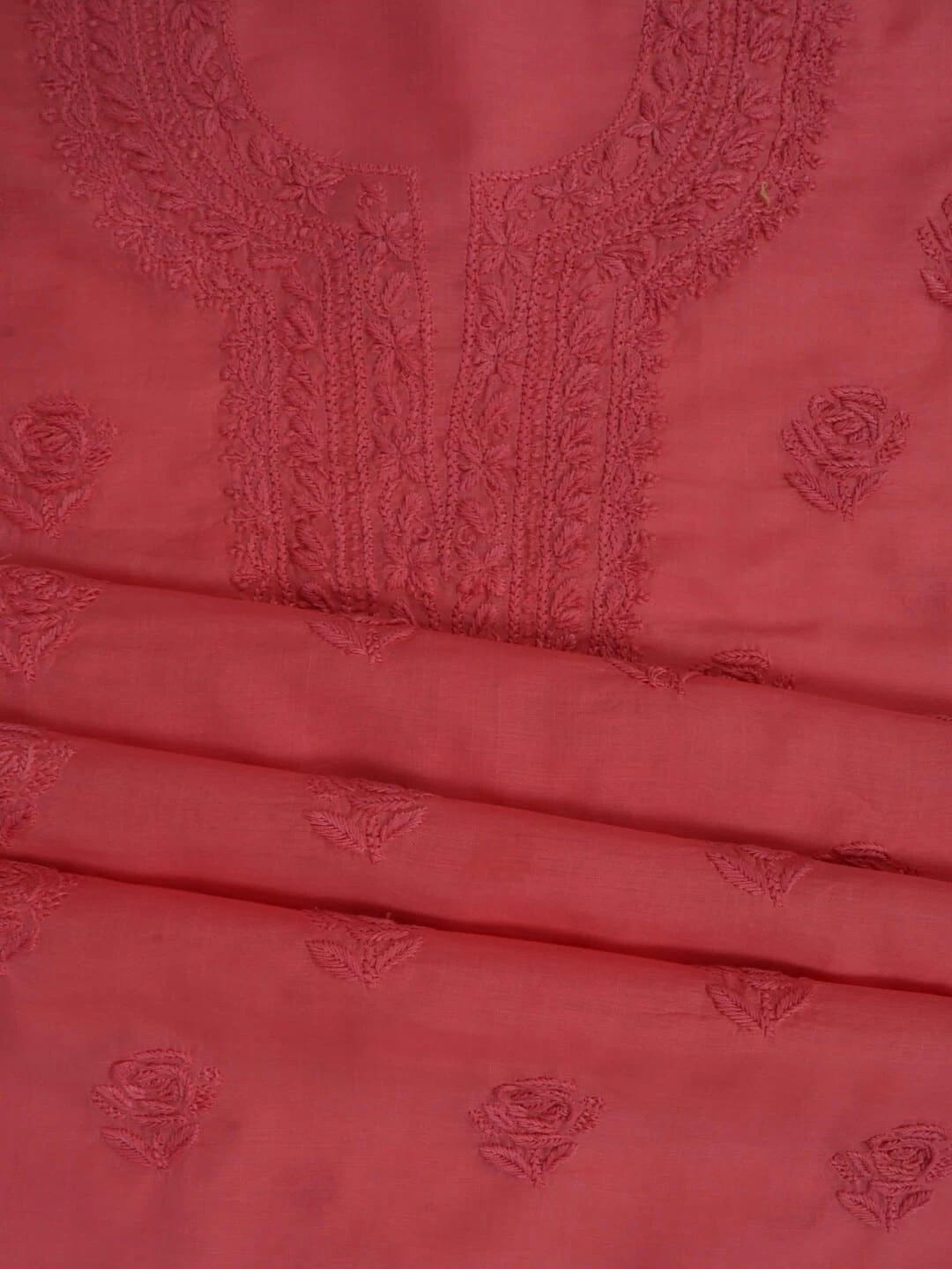 Ada Hand Embroidered Carrot Pink Chanderi Lucknowi Chikankari Unstitched Kurta Dupatta Set 01A237350