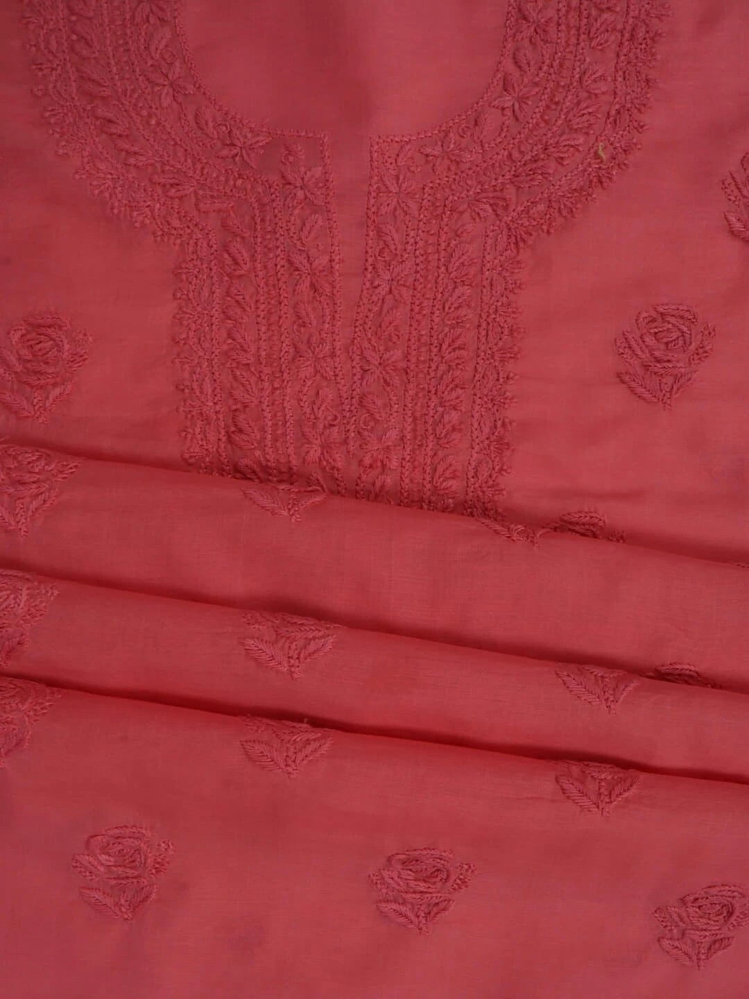 Ada Hand Embroidered Carrot Pink Chanderi Lucknowi Chikankari Unstitched Kurta Dupatta Set 01A237350