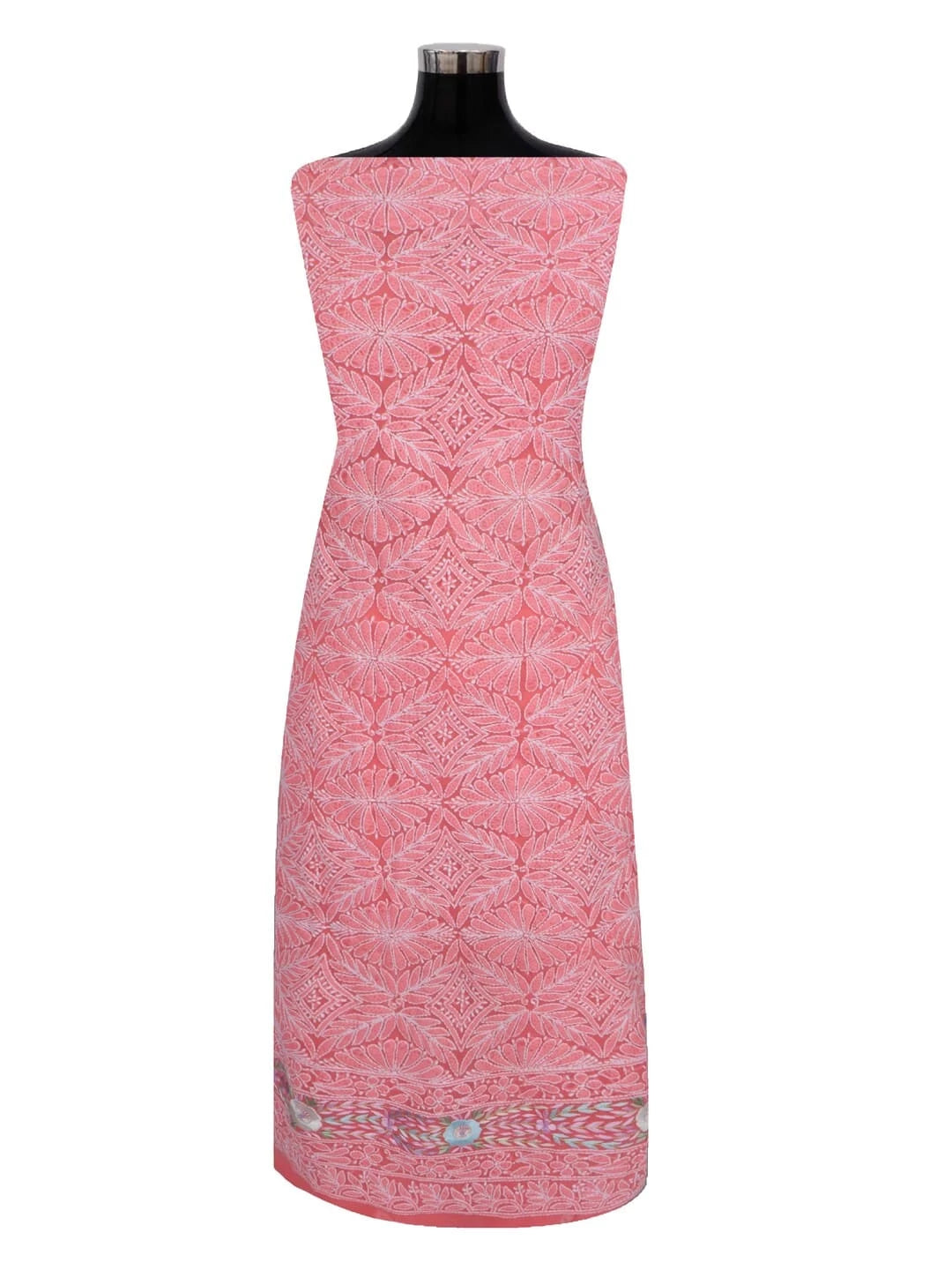 Ada Hand Embroidered Carrot Pink Georgette Lucknowi Chikankari Unstitched Kurta Dupatta Set With Parsi Work 01A257002