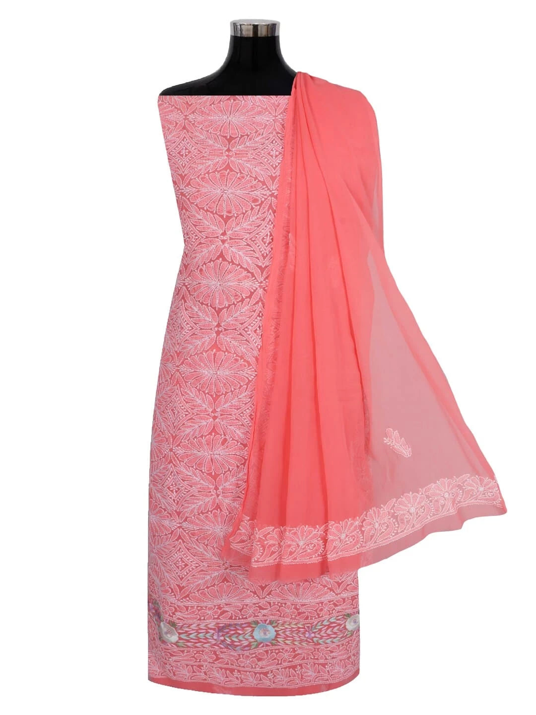 Ada Hand Embroidered Carrot Pink Georgette Lucknowi Chikankari Unstitched Kurta Dupatta Set With Parsi Work 01A257002