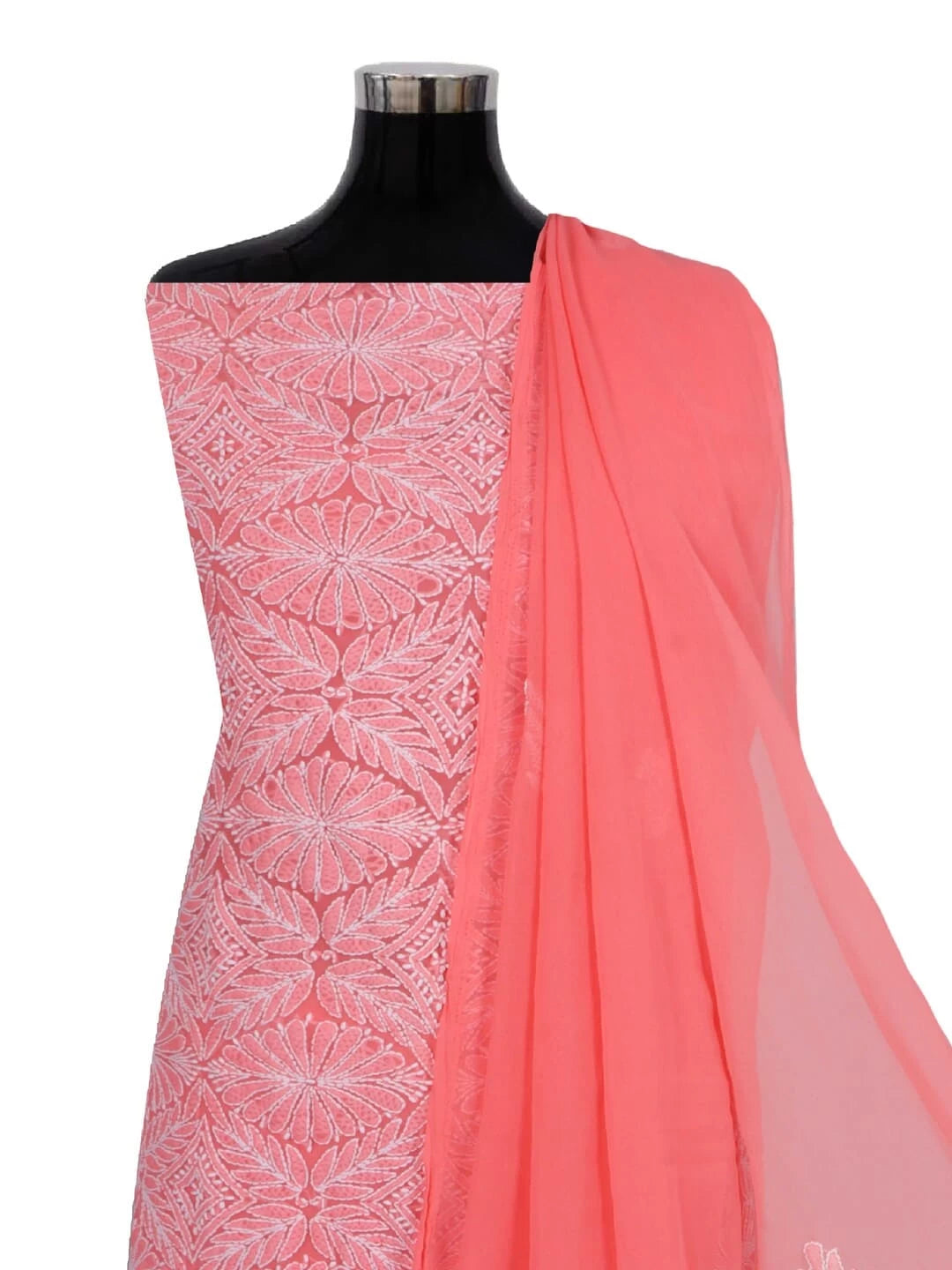 Ada Hand Embroidered Carrot Pink Georgette Lucknowi Chikankari Unstitched Kurta Dupatta Set With Parsi Work 01A257002