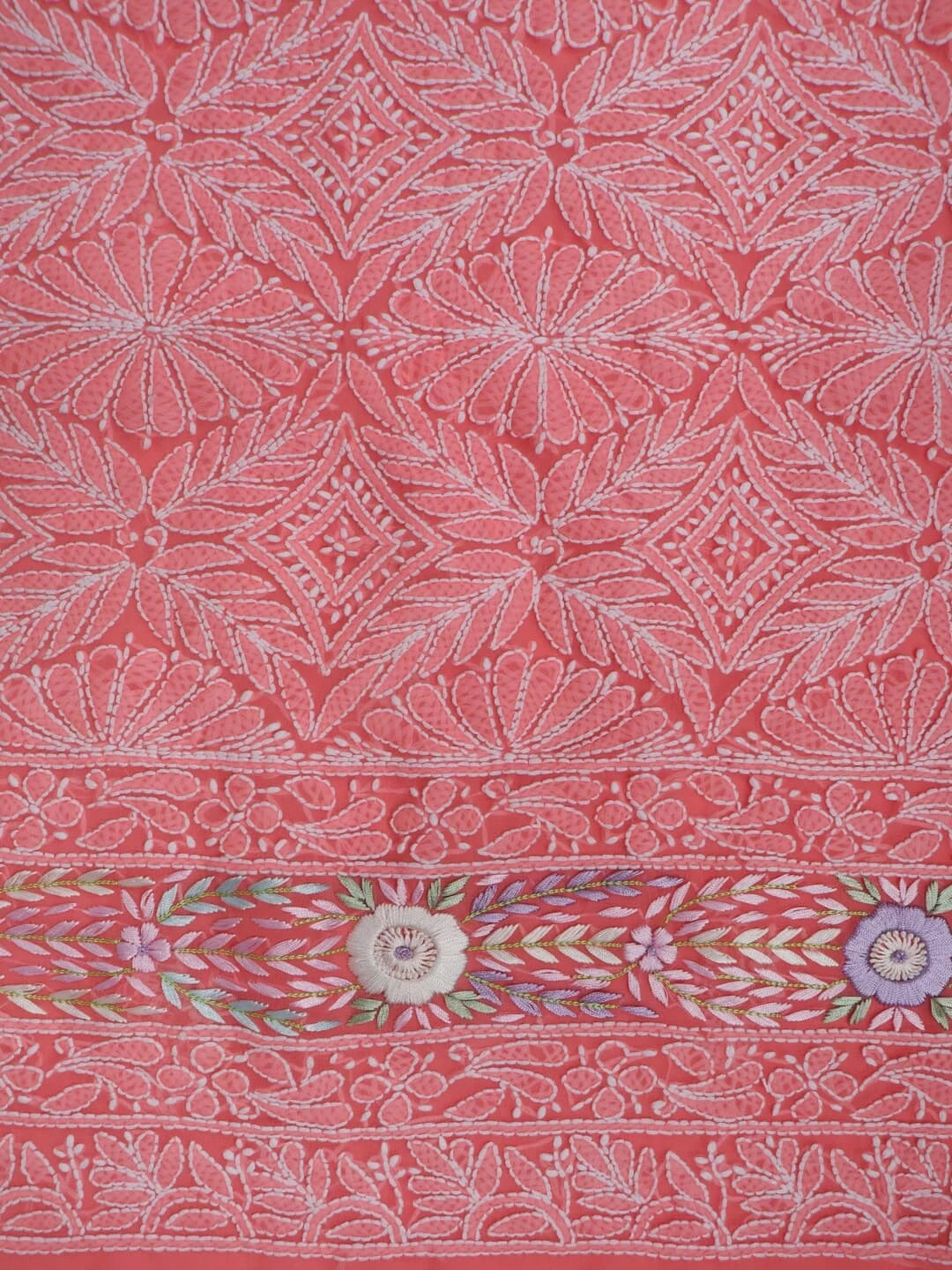 Ada Hand Embroidered Carrot Pink Georgette Lucknowi Chikankari Unstitched Kurta Dupatta Set With Parsi Work 01A257002