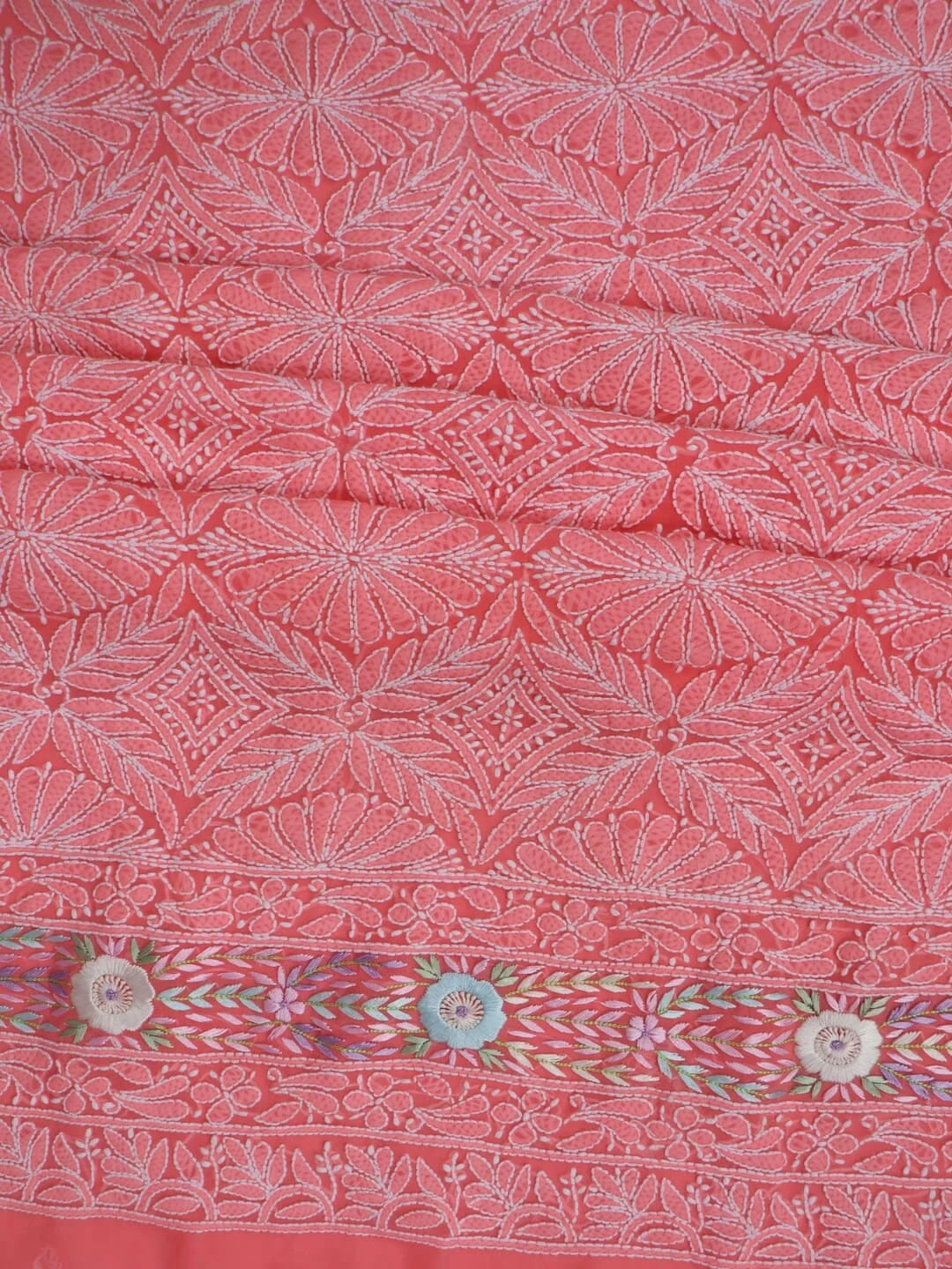 Ada Hand Embroidered Carrot Pink Georgette Lucknowi Chikankari Unstitched Kurta Dupatta Set With Parsi Work 01A257002