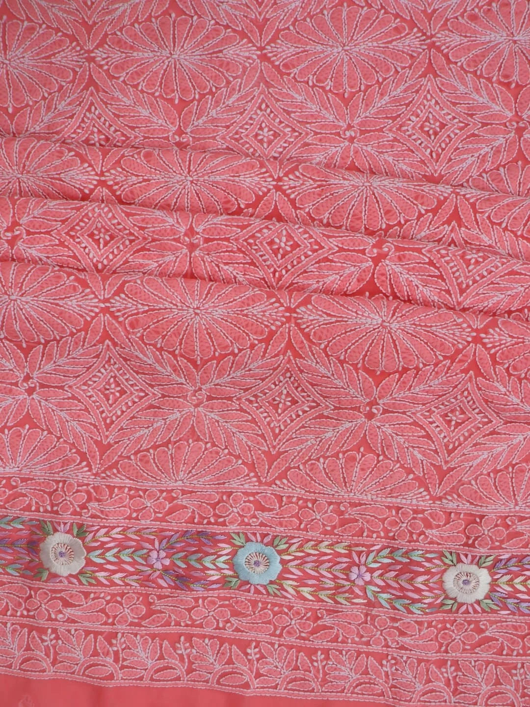 Ada Hand Embroidered Carrot Pink Georgette Lucknowi Chikankari Unstitched Kurta Dupatta Set With Parsi Work 01A257002