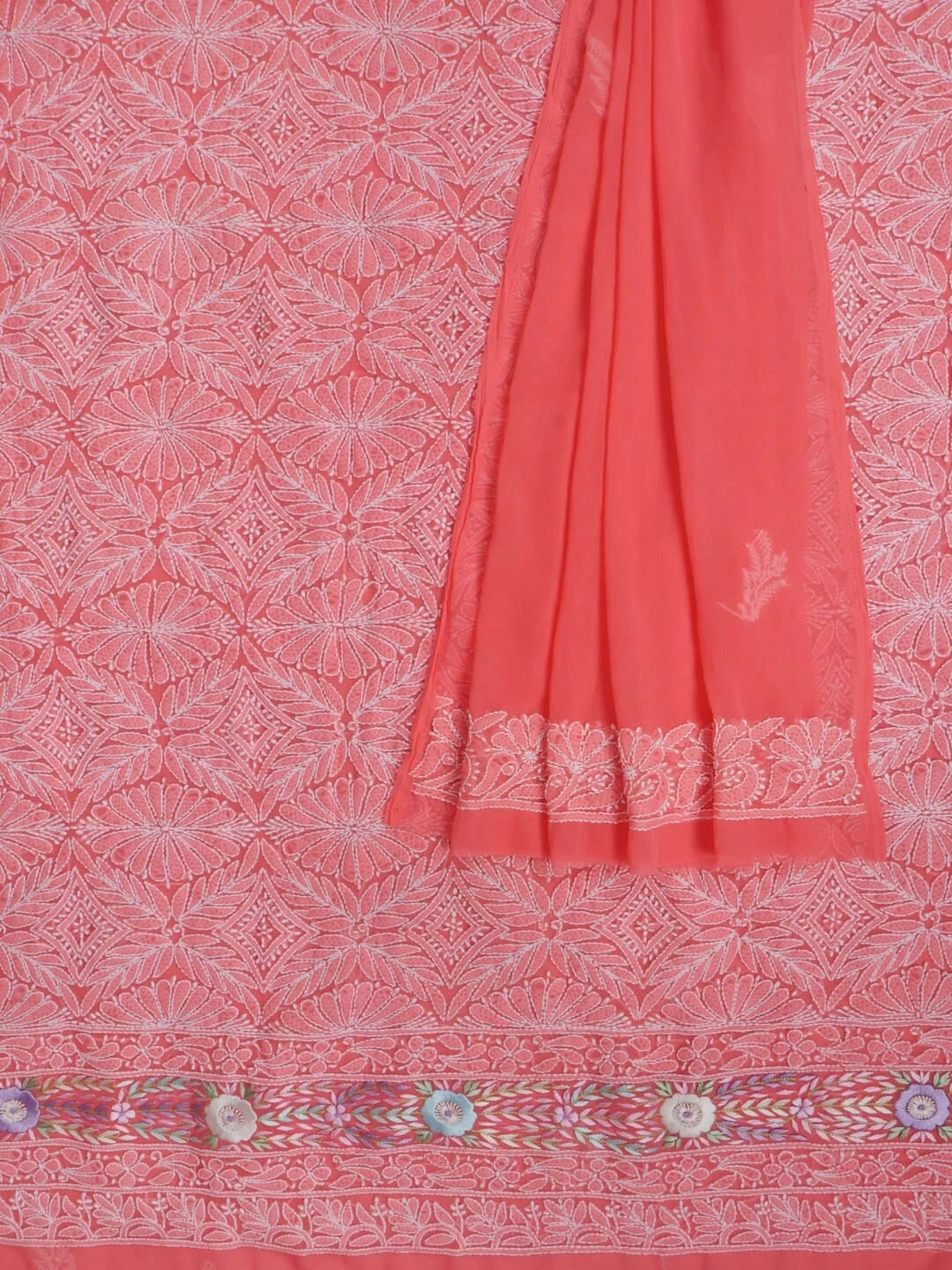 Ada Hand Embroidered Carrot Pink Georgette Lucknowi Chikankari Unstitched Kurta Dupatta Set With Parsi Work 01A257002