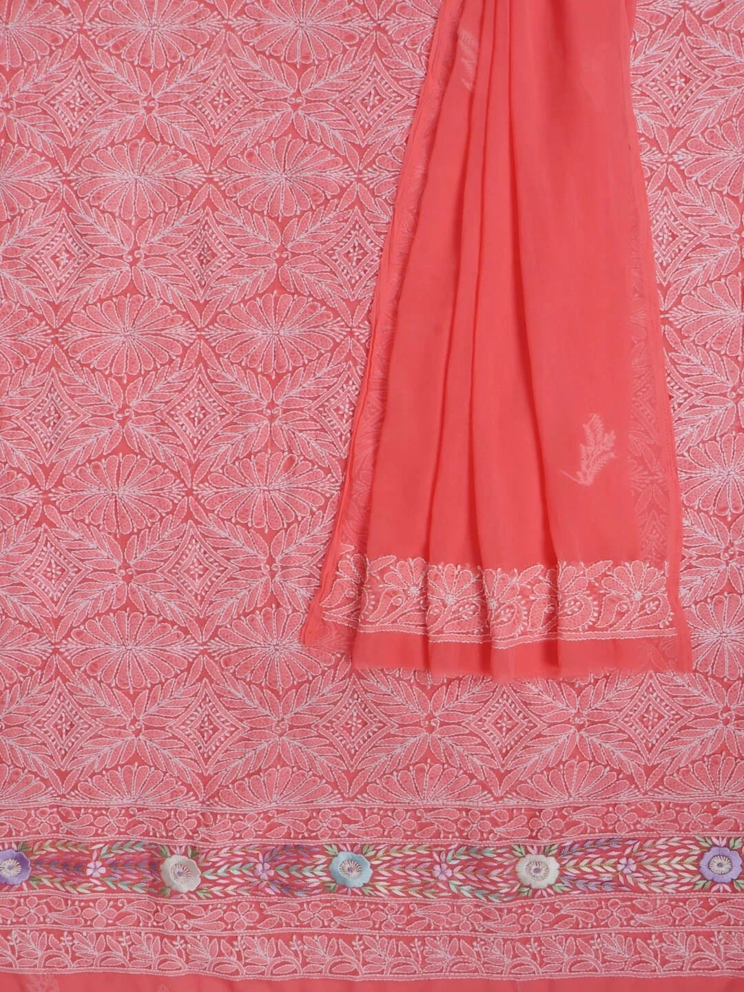 Ada Hand Embroidered Carrot Pink Georgette Lucknowi Chikankari Unstitched Kurta Dupatta Set With Parsi Work 01A257002