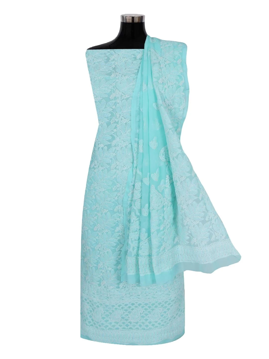Ada Hand Embroidered Sea Green Georgette Lucknowi Chikankari Unstitched Kurta dupatta Set 01A220664