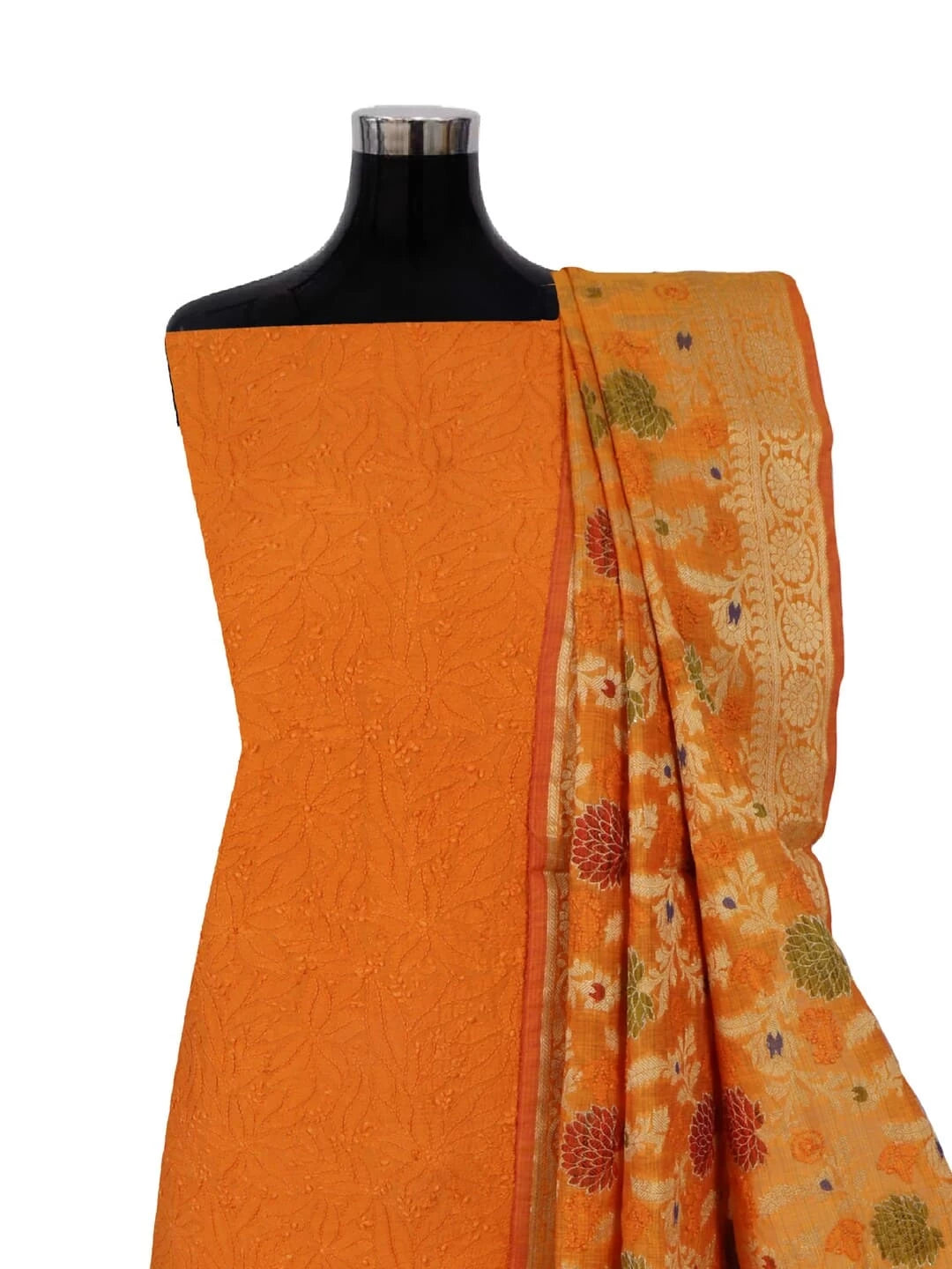 Ada Hand Embroidered Mustard Chanderi Lucknowi Chikankari Unstitched Kurta Dupatta Set 01A250951