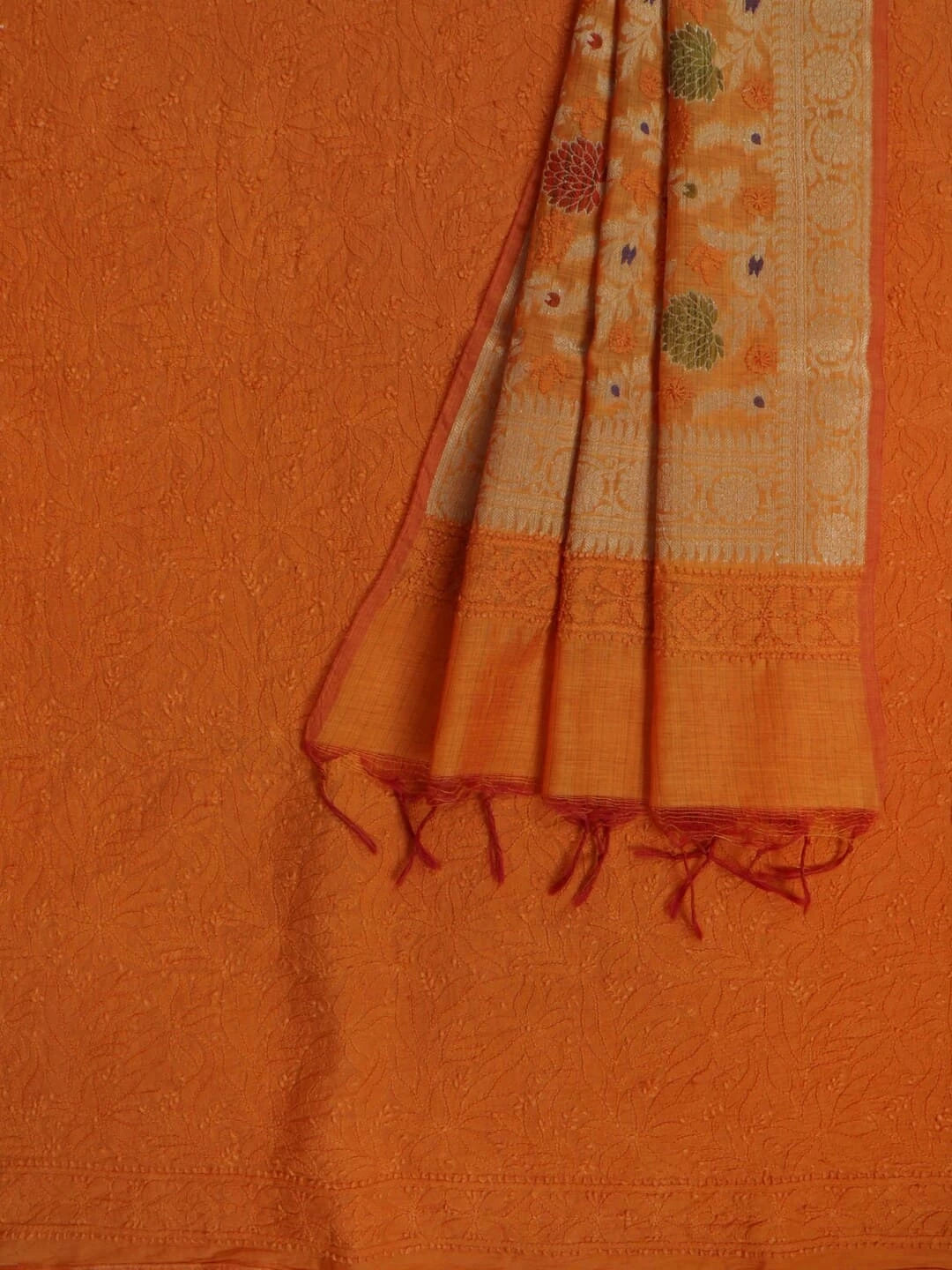 Ada Hand Embroidered Mustard Chanderi Lucknowi Chikankari Unstitched Kurta Dupatta Set 01A250951