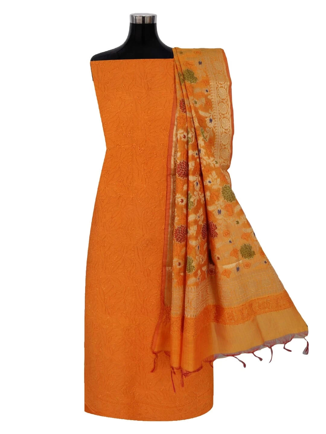 Ada Hand Embroidered Mustard Chanderi Lucknowi Chikankari Unstitched Kurta Dupatta Set 01A250951