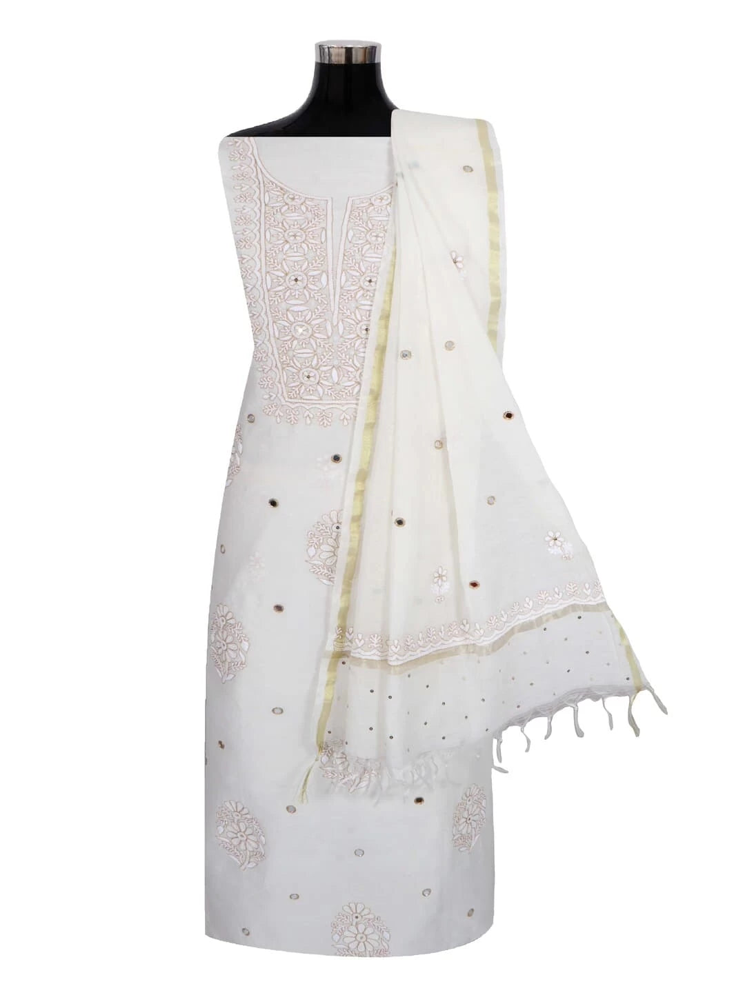 Ada Hand Embroidered Off White Chanderi Lucknowi Chikankari Unstitched Kurta Dupatta Set With Zari Work 01A149490