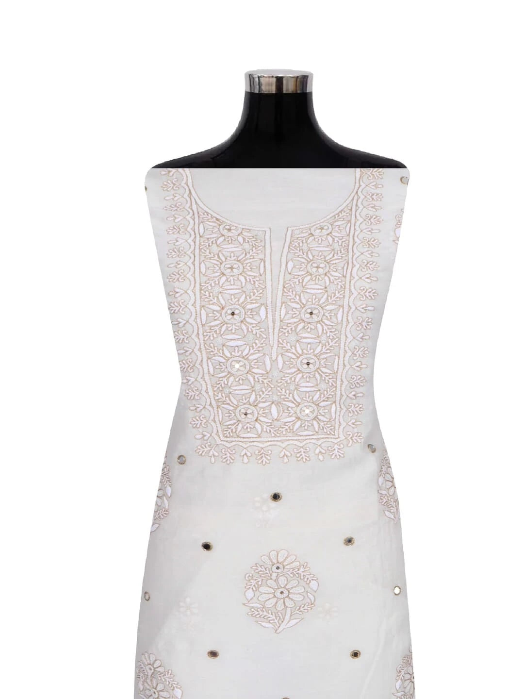 Ada Hand Embroidered Off White Chanderi Lucknowi Chikankari Unstitched Kurta Dupatta Set With Zari Work 01A149490