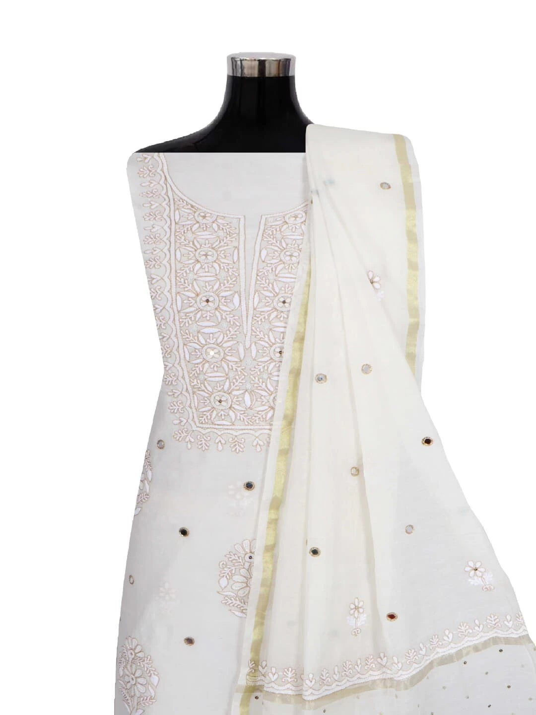 Ada Hand Embroidered Off White Chanderi Lucknowi Chikankari Unstitched Kurta Dupatta Set With Zari Work 01A149490