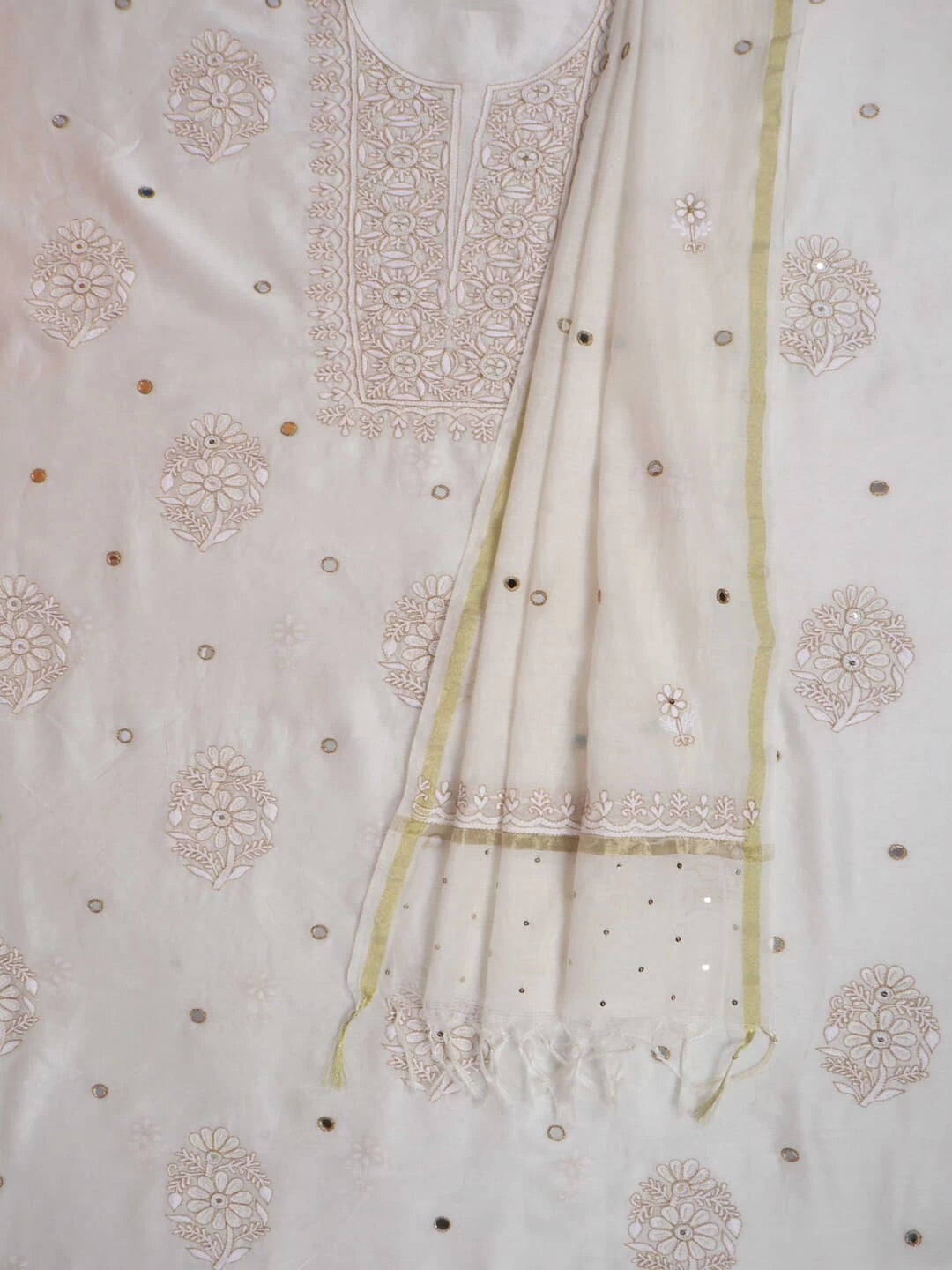 Ada Hand Embroidered Off White Chanderi Lucknowi Chikankari Unstitched Kurta Dupatta Set With Zari Work 01A149490