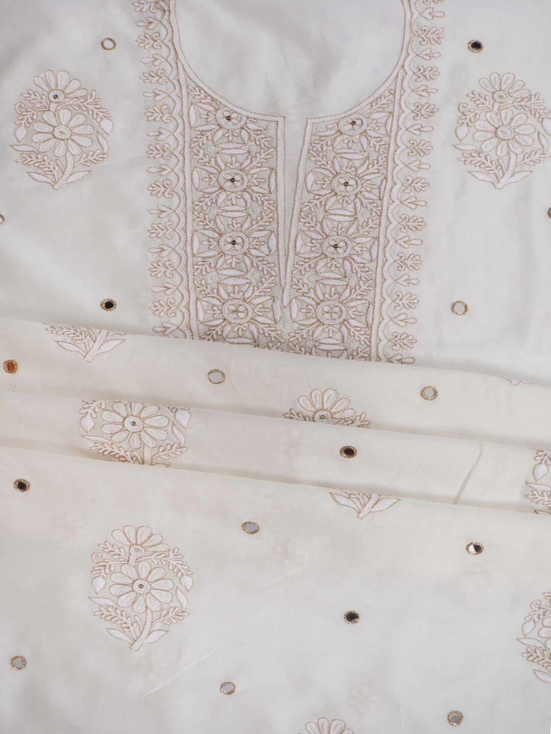 Ada Hand Embroidered Off White Chanderi Lucknowi Chikankari Unstitched Kurta Dupatta Set With Zari Work 01A149490