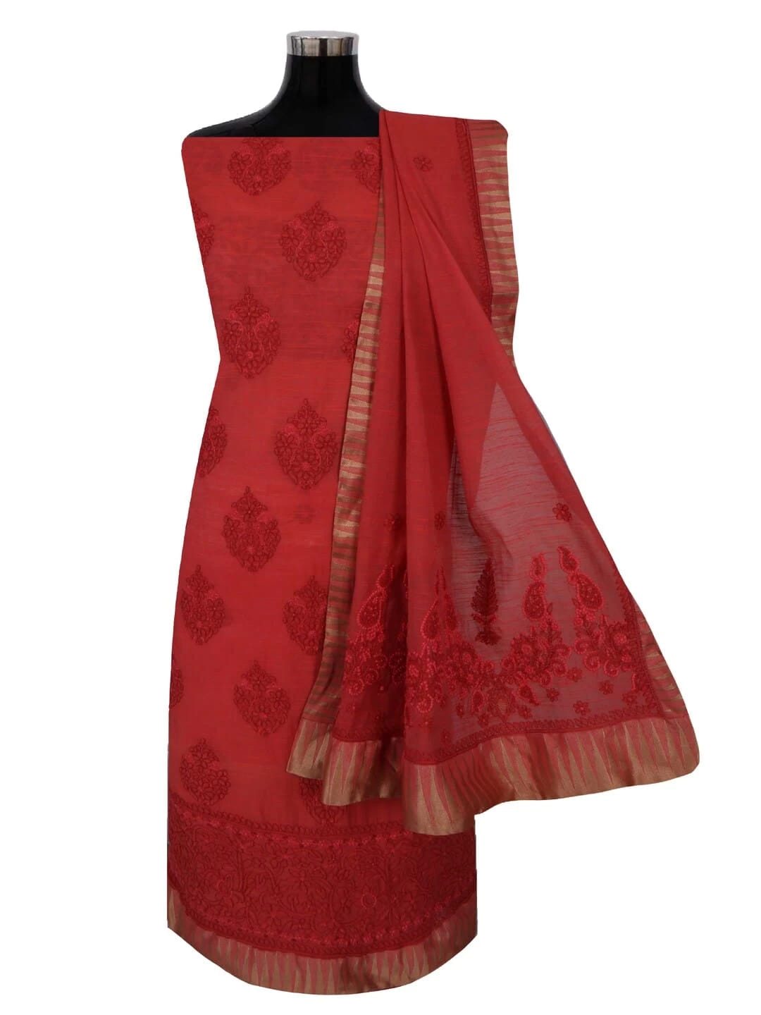 Ada Hand Embroidered Dark Rust Chanderi Lucknowi Chikankari Unstitched Kurta Dupatta Set 01A185706
