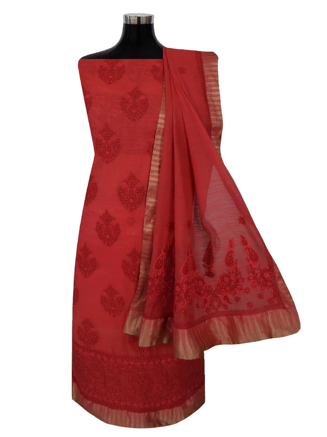 Ada Hand Embroidered Dark Rust Chanderi Lucknowi Chikankari Unstitched Kurta Dupatta Set 01A185706