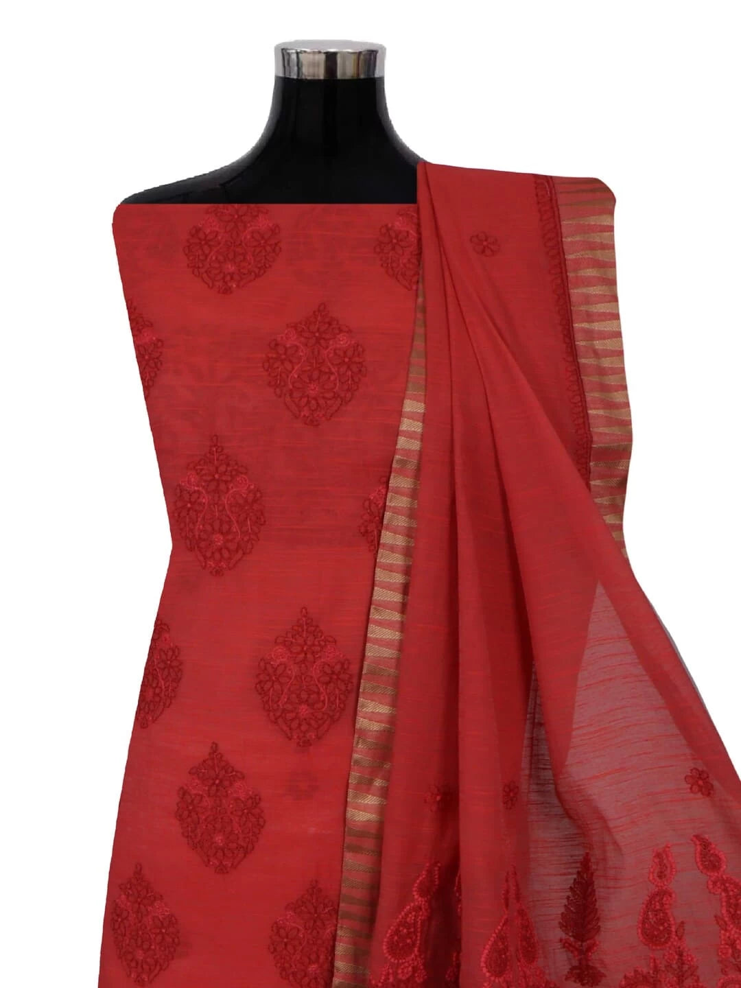 Ada Hand Embroidered Dark Rust Chanderi Lucknowi Chikankari Unstitched Kurta Dupatta Set 01A185706