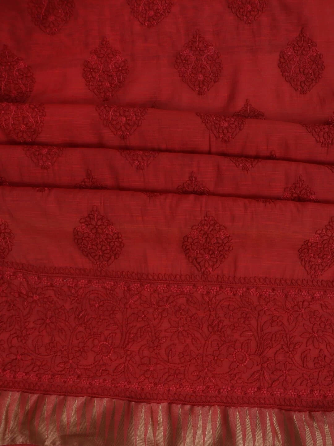 Ada Hand Embroidered Dark Rust Chanderi Lucknowi Chikankari Unstitched Kurta Dupatta Set 01A185706