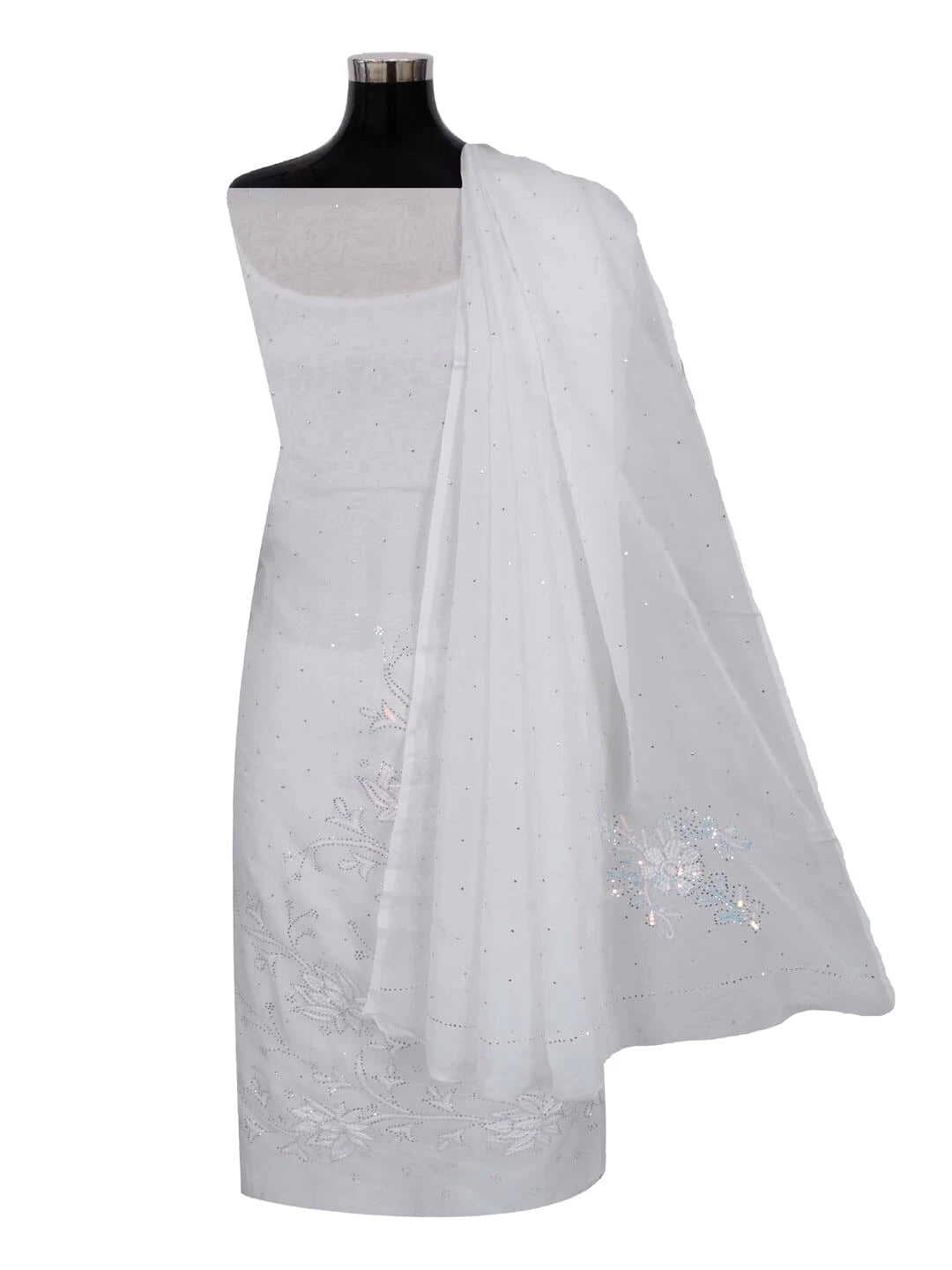 Ada Hand Embroidered White Organza Lucknowi Chikankari Unstitched Kurta Dupatta Set With Muqaish Work 01A191975