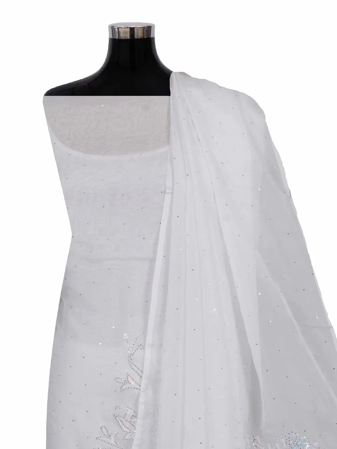 Ada Hand Embroidered White Organza Lucknowi Chikankari Unstitched Kurta Dupatta Set With Muqaish Work 01A191975