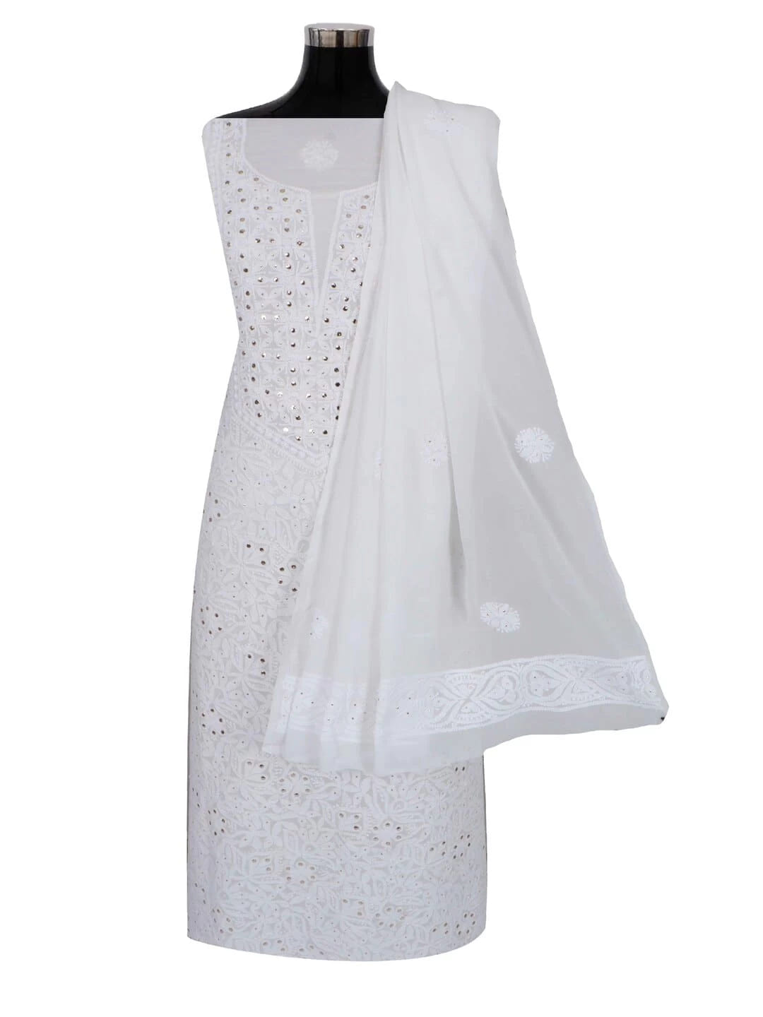 Ada Hand Embroidered White Georgette Lucknowi Chikankari Unstitched Kurta Dupatta Set with Muqaish Work 01A177620