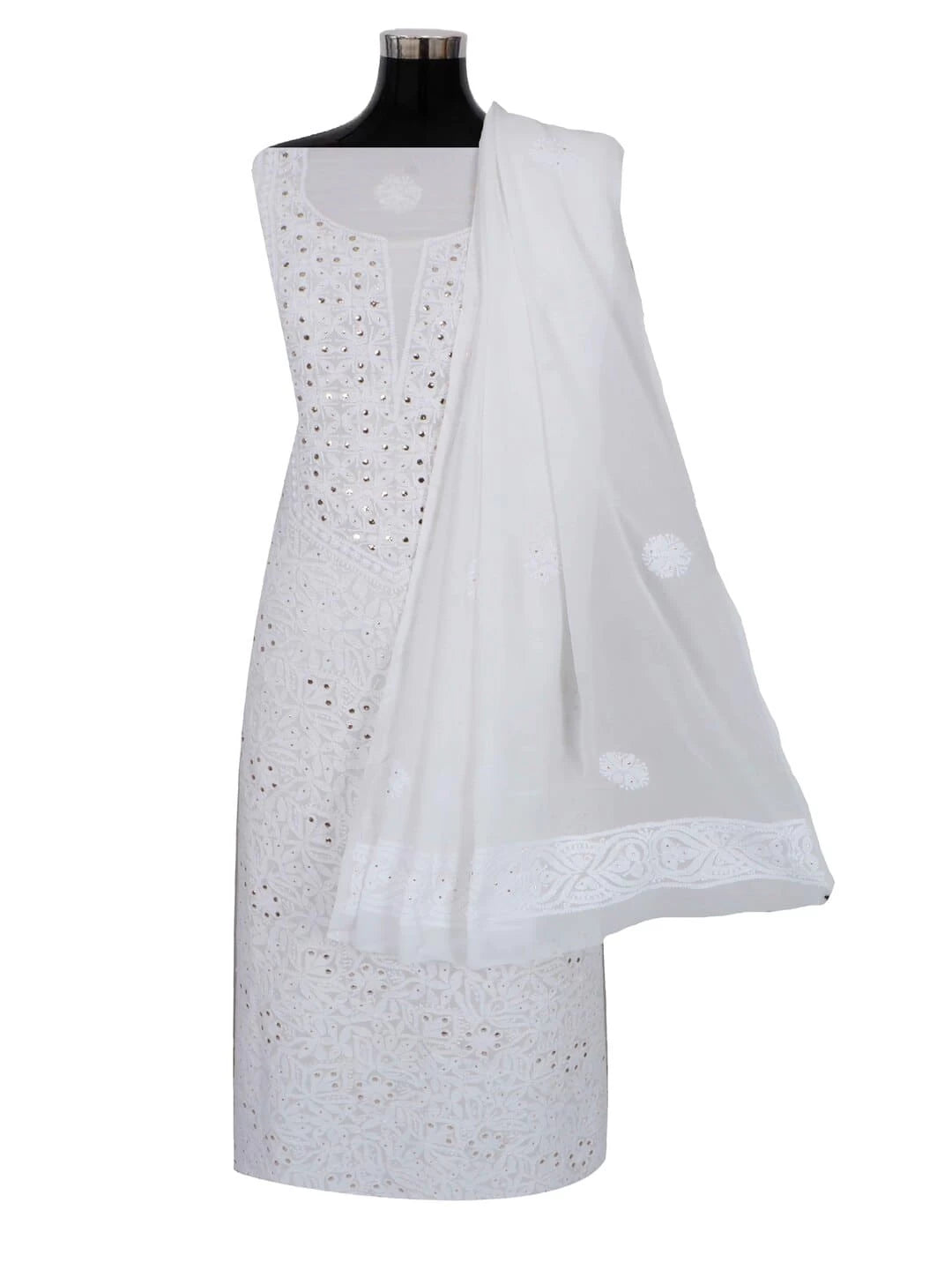 Ada Hand Embroidered White Georgette Lucknowi Chikankari Unstitched Kurta Dupatta Set with Muqaish Work 01A177620