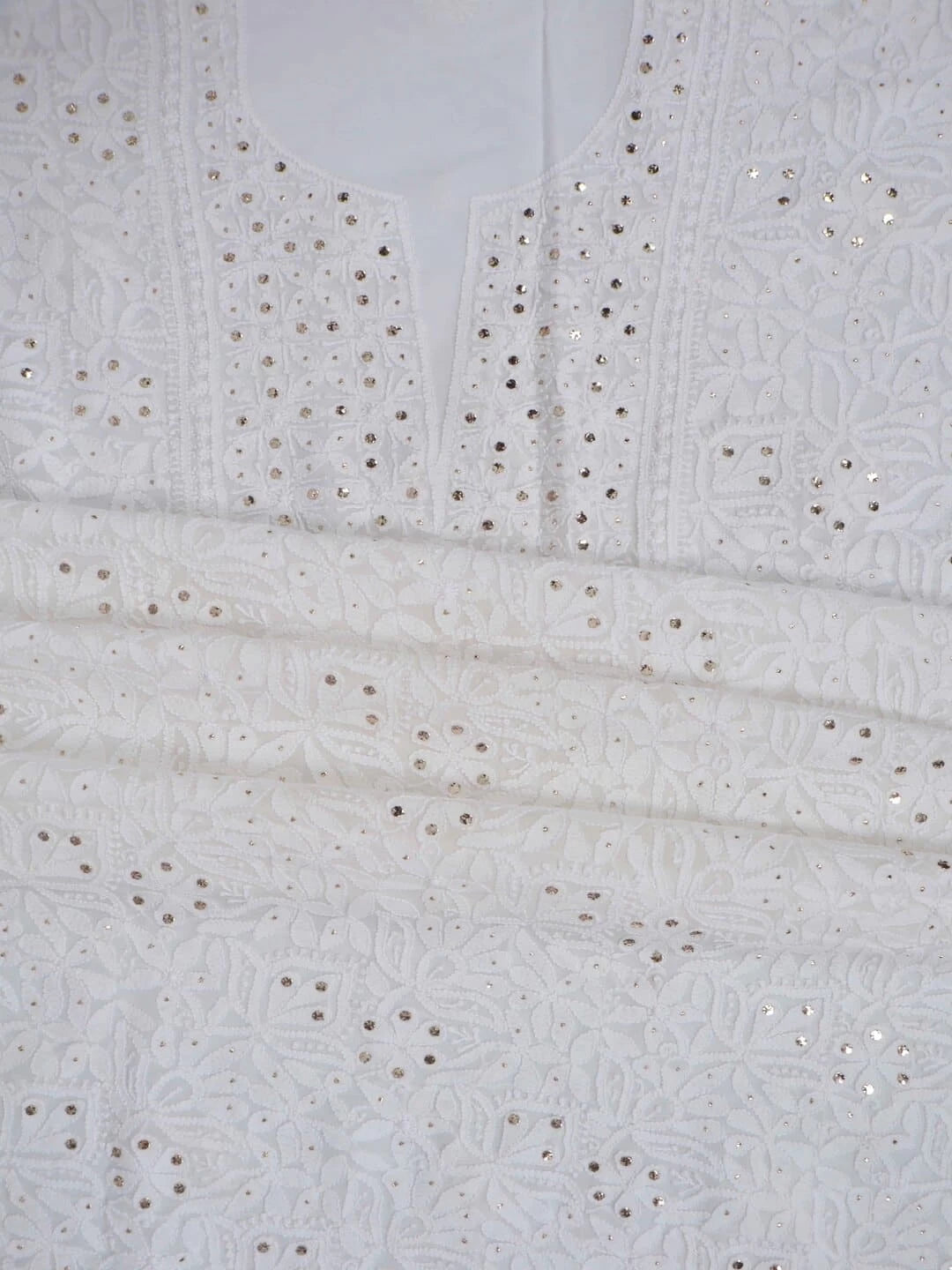 Ada Hand Embroidered White Georgette Lucknowi Chikankari Unstitched Kurta Dupatta Set with Muqaish Work 01A177620