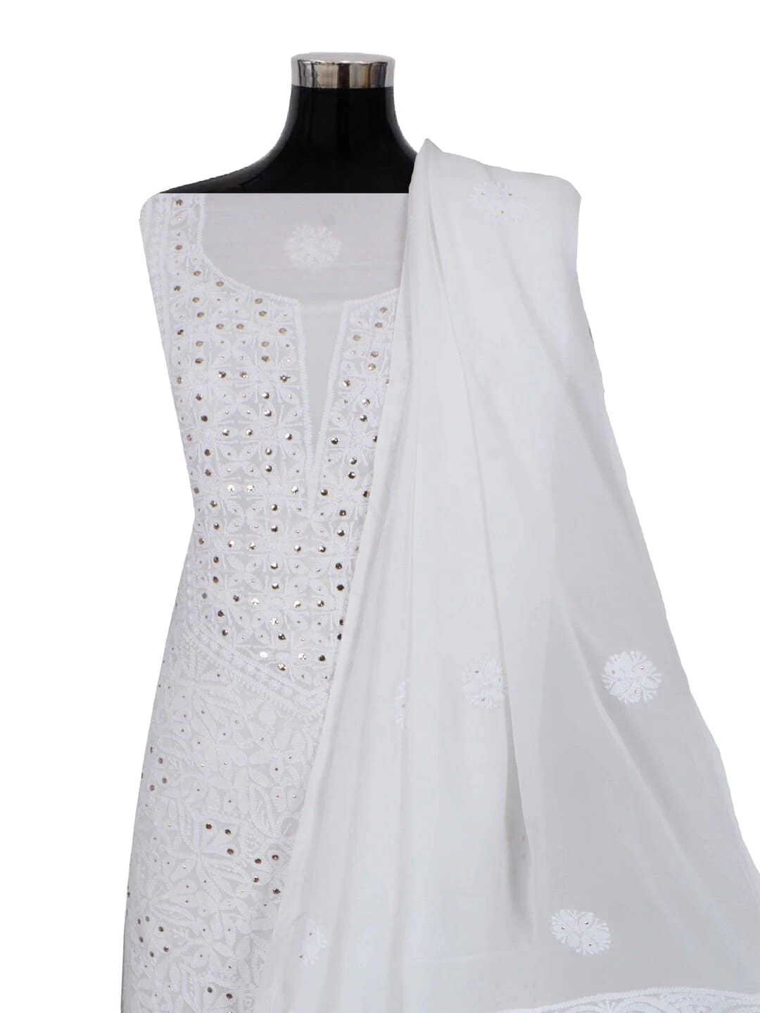 Ada Hand Embroidered White Georgette Lucknowi Chikankari Unstitched Kurta Dupatta Set with Muqaish Work 01A177620