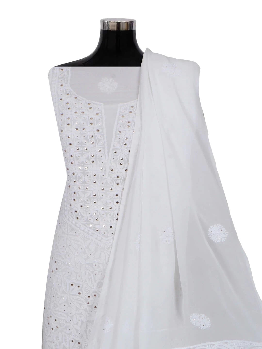 Ada Hand Embroidered White Georgette Lucknowi Chikankari Unstitched Kurta Dupatta Set with Muqaish Work 01A177620