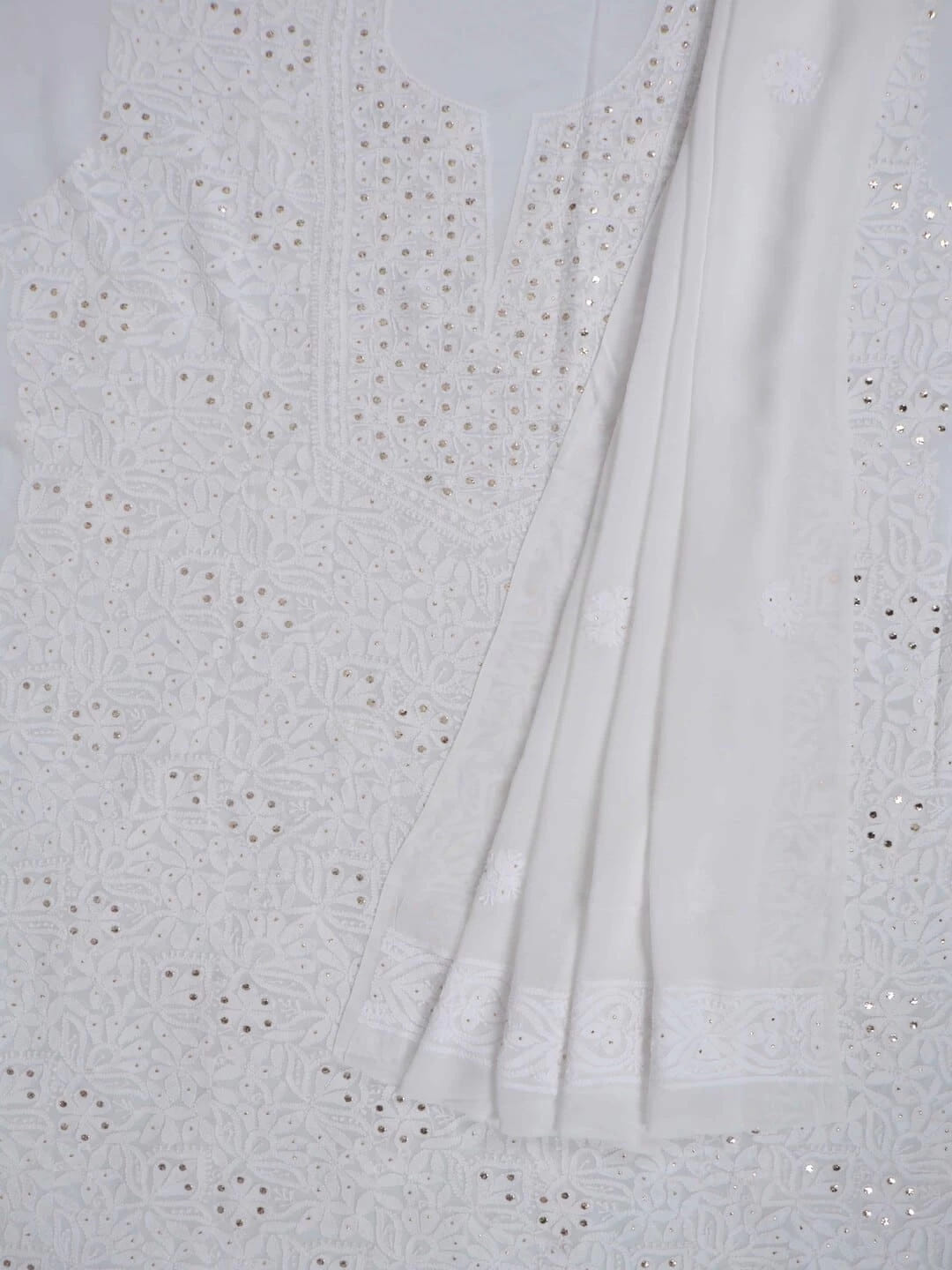 Ada Hand Embroidered White Georgette Lucknowi Chikankari Unstitched Kurta Dupatta Set with Muqaish Work 01A177620