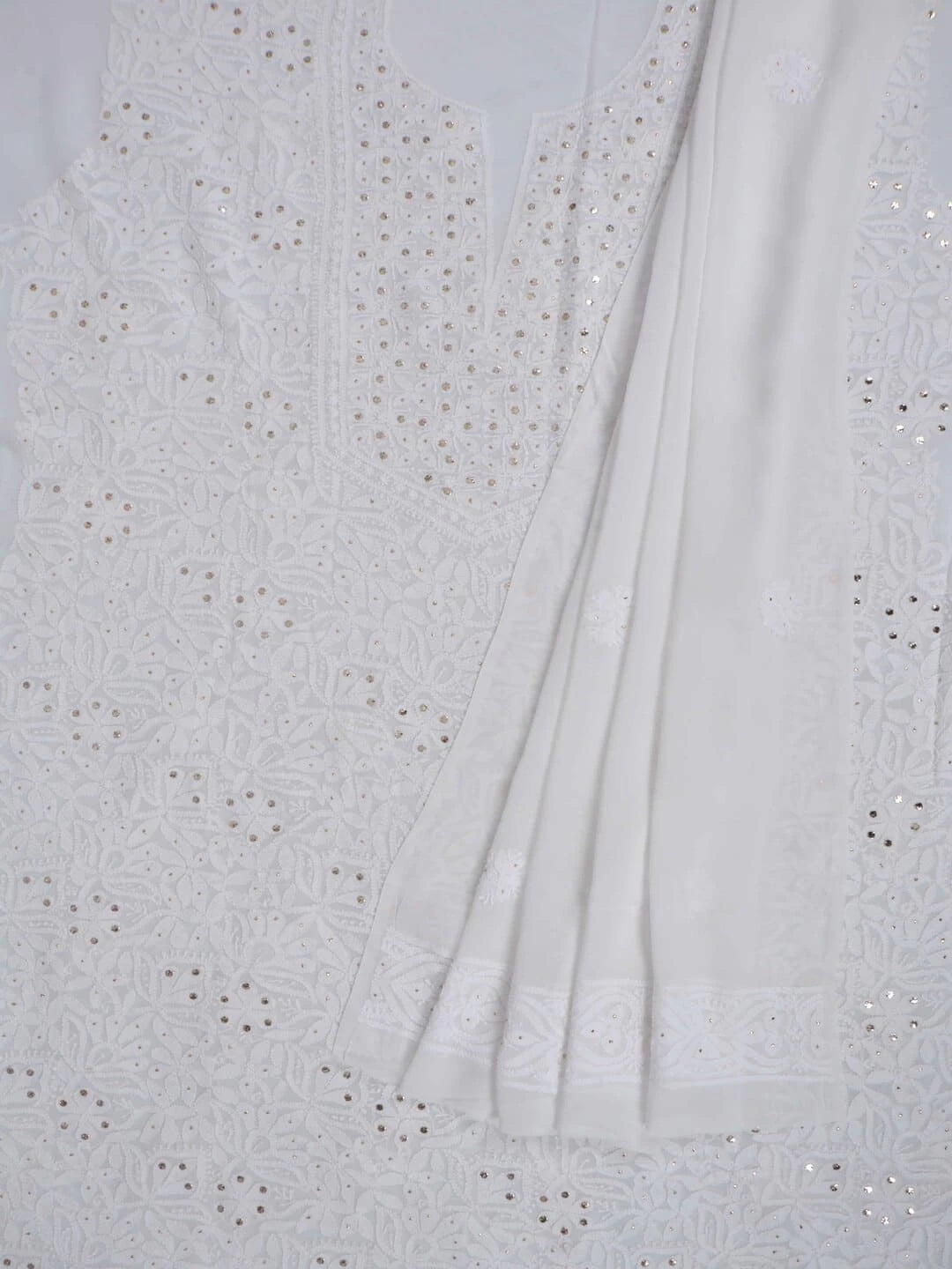 Ada Hand Embroidered White Georgette Lucknowi Chikankari Unstitched Kurta Dupatta Set with Muqaish Work 01A177620
