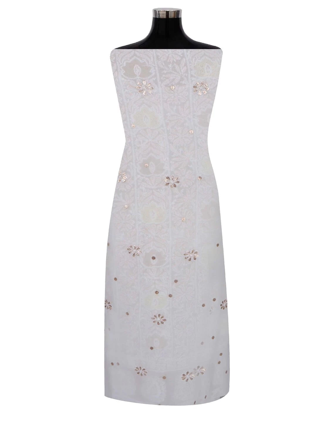 Ada Hand Embroidered White Georgette Lucknowi Chikankari Unstitched Kurta Dupatta Set With Zari Work 01A160946