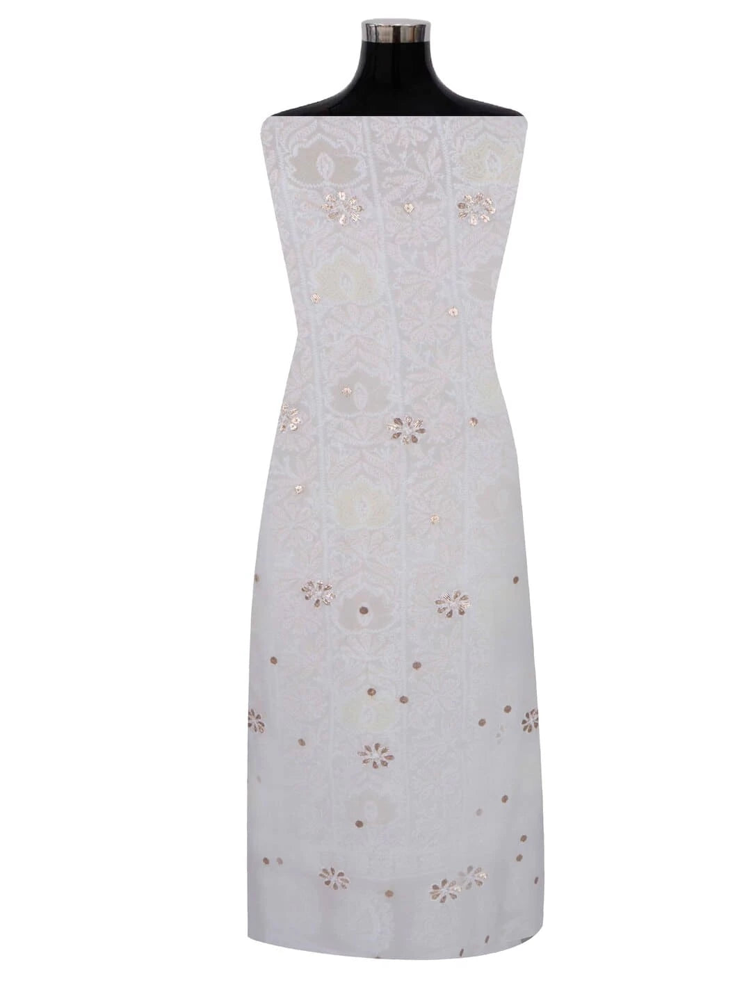 Ada Hand Embroidered White Georgette Lucknowi Chikankari Unstitched Kurta Dupatta Set With Zari Work 01A160946
