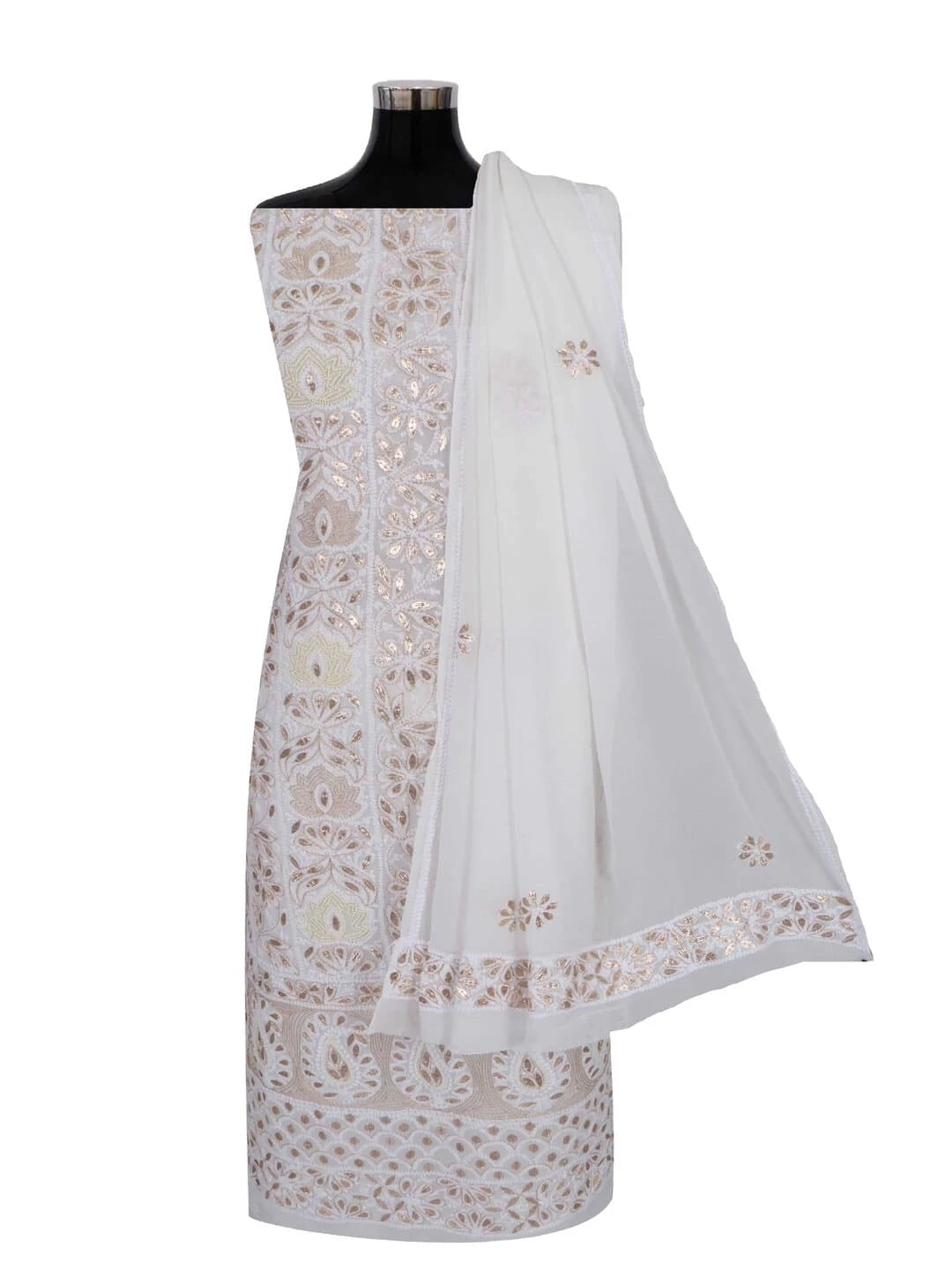 Ada Hand Embroidered White Georgette Lucknowi Chikankari Unstitched Kurta Dupatta Set With Zari Work 01A160946
