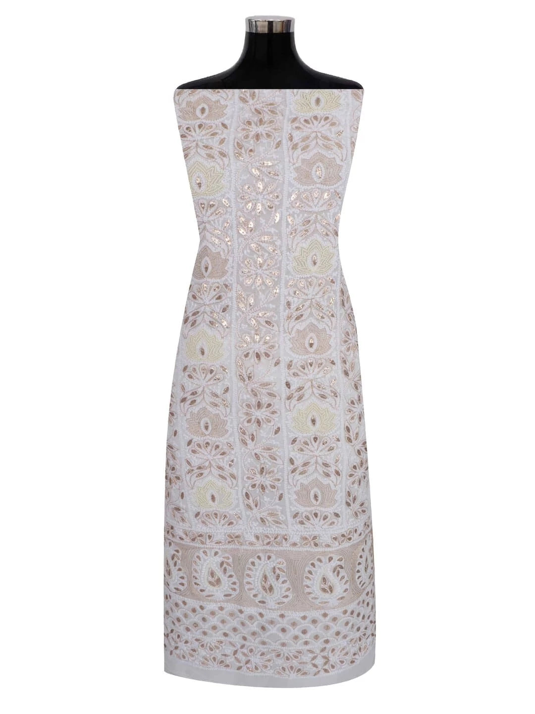Ada Hand Embroidered White Georgette Lucknowi Chikankari Unstitched Kurta Dupatta Set With Zari Work 01A160946