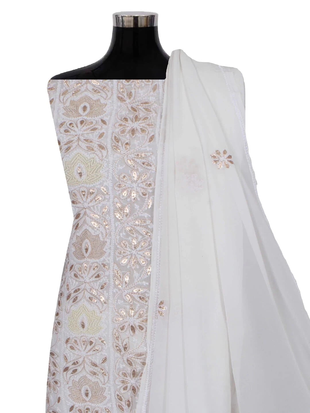 Ada Hand Embroidered White Georgette Lucknowi Chikankari Unstitched Kurta Dupatta Set With Zari Work 01A160946